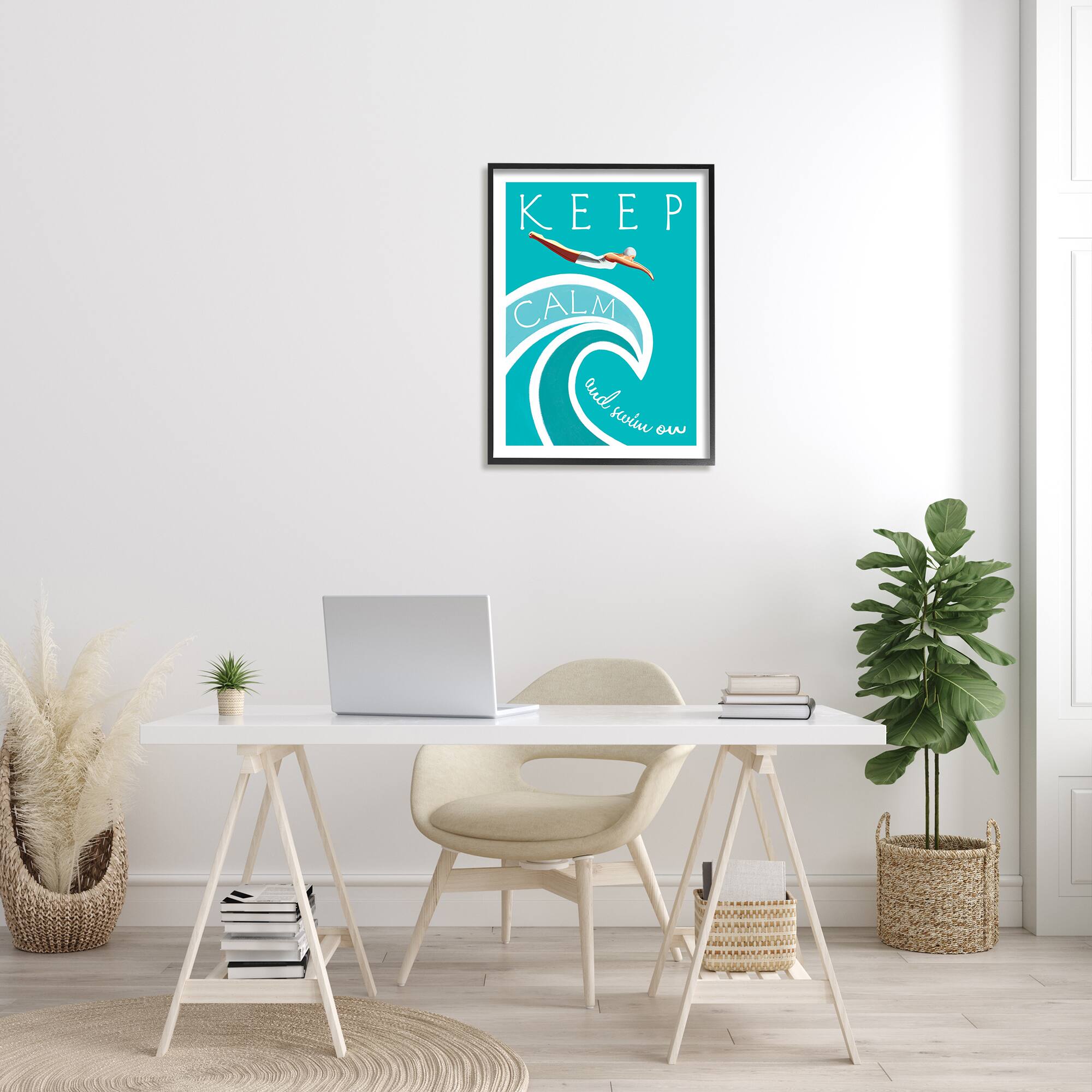 Stupell Industries Keep Calm Swim On Phrase Female Diver Blue Wave in Frame Wall Art