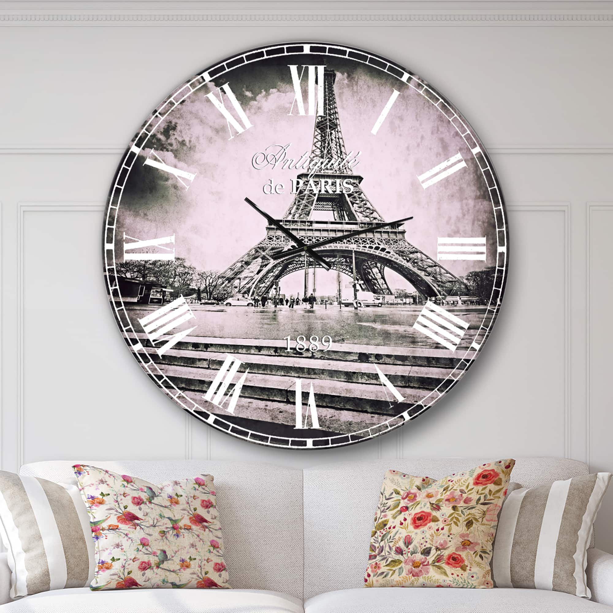 Designart 'Paris Eiffel Towerin Gray Shade French Country Wall Clock