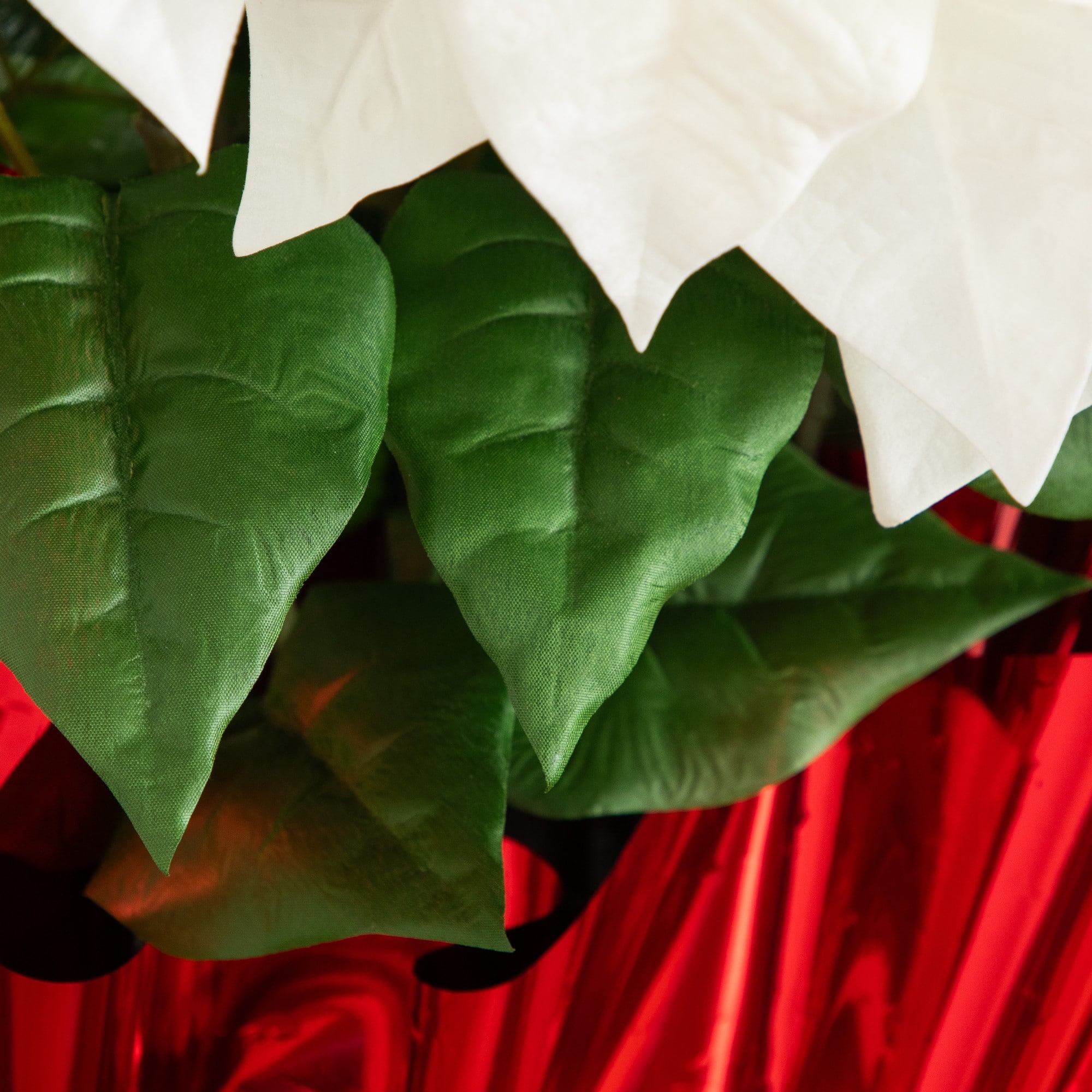 Nearly Natural 30" White Artificial Grand Velvet Poinsettia Arrangement in Red Wrapped Planter