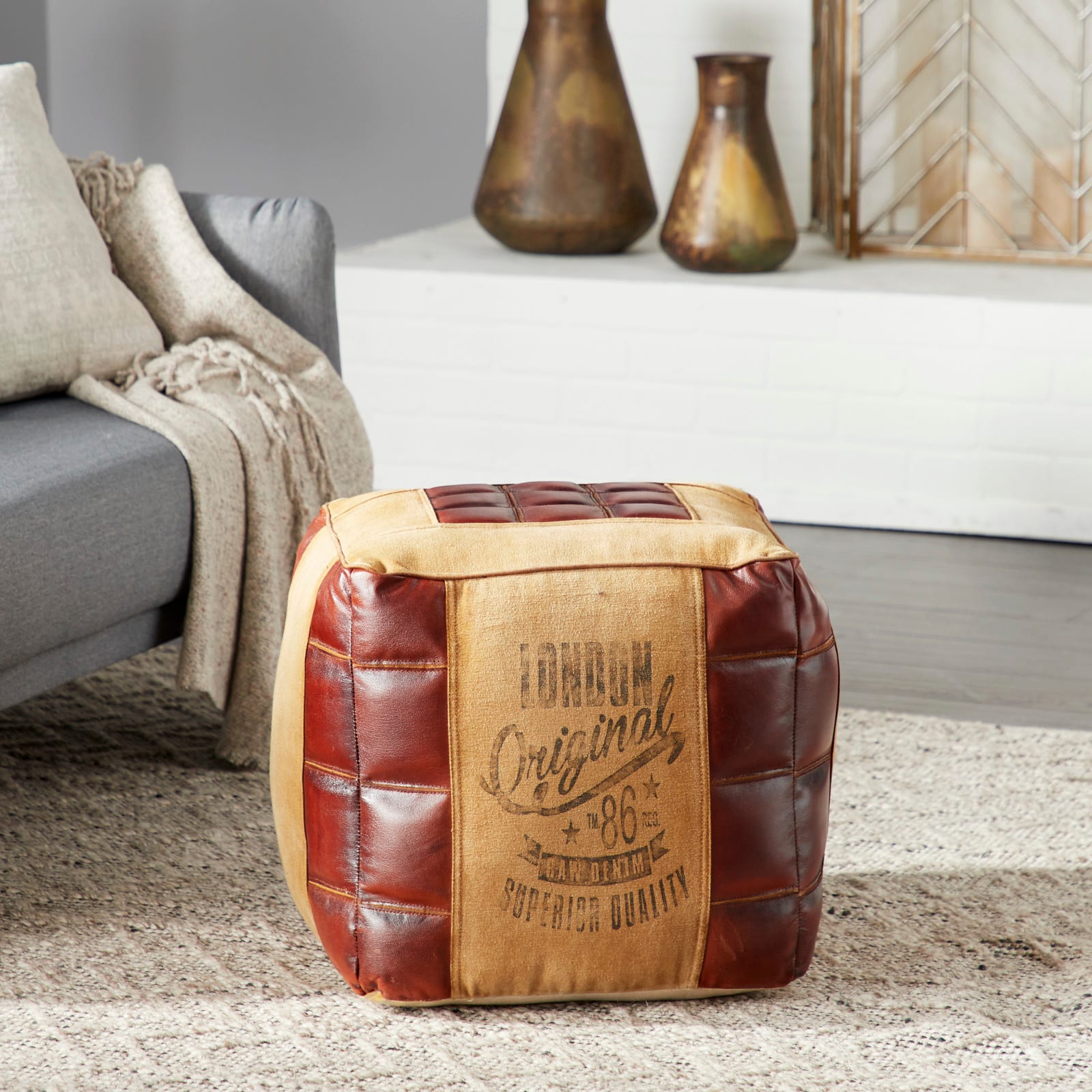 Brown Canvas and Leather Rustic Pouf, 17" x 20" x 20"