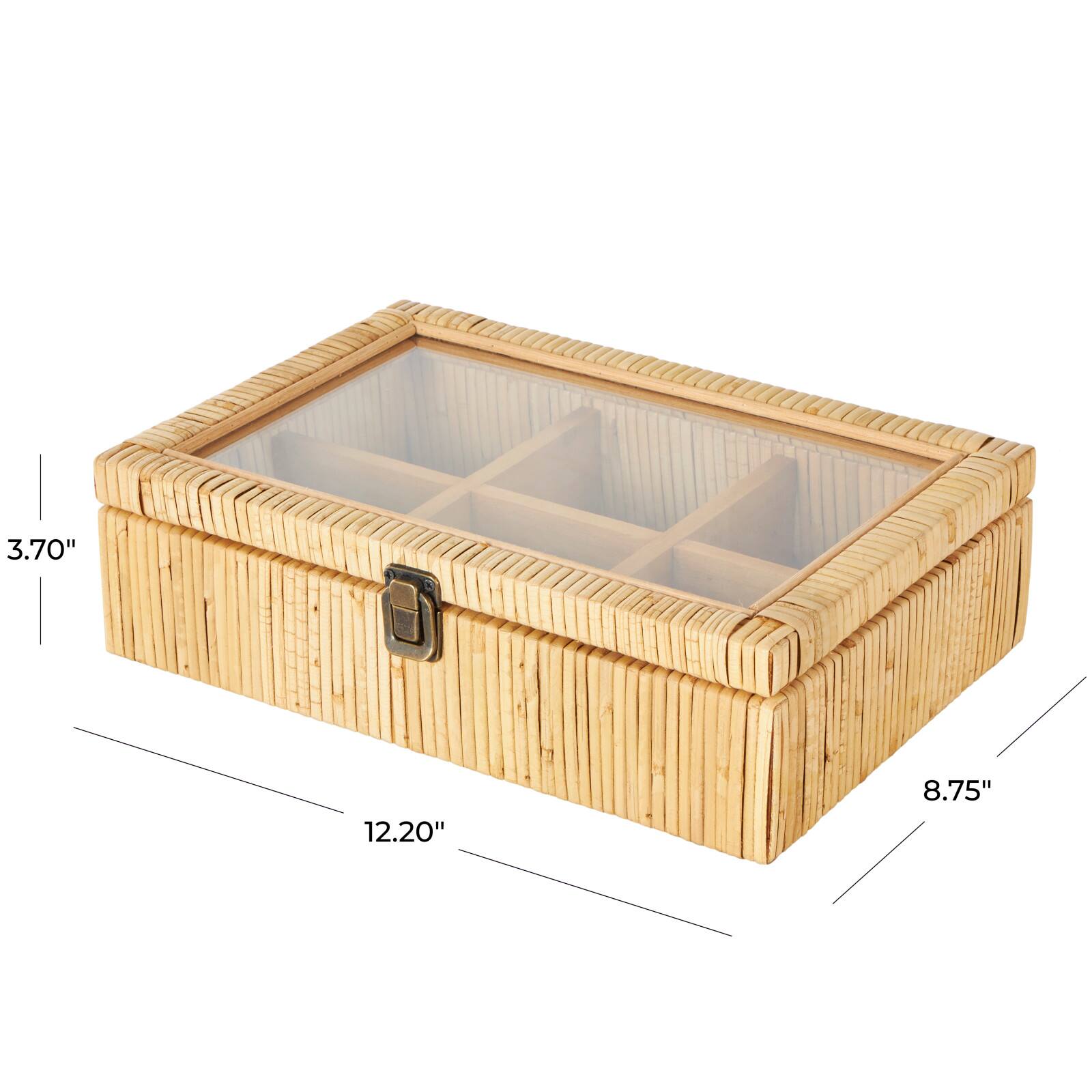 12" x 9" x 4" Brown Hand-Wrapped Rattan 6-Slot Jewelry Box with Tempered Glass Top