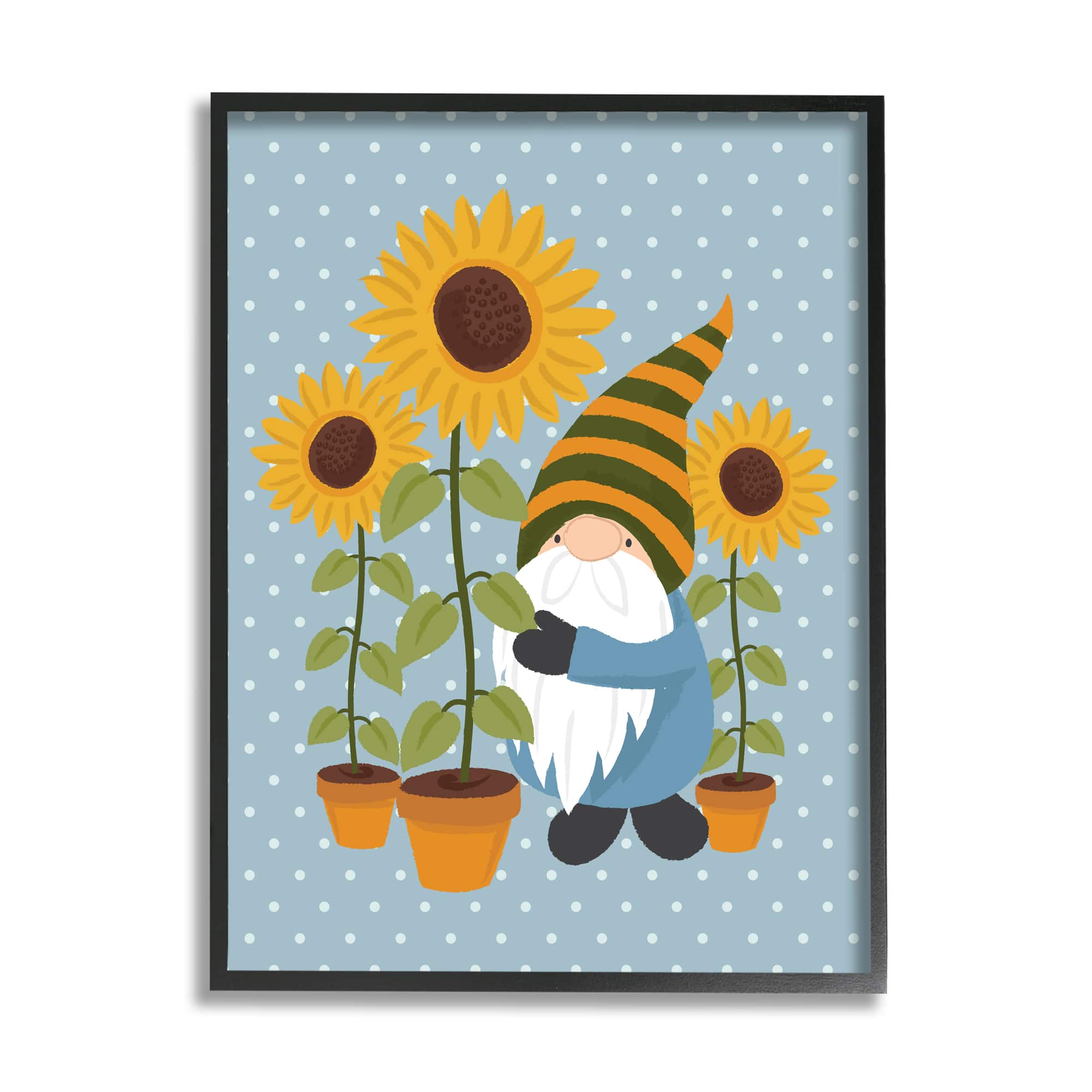 Stupell Industries Sunflower Garden Gnome Striped Hat Blue Polka Dots in Black Frame Wall Art