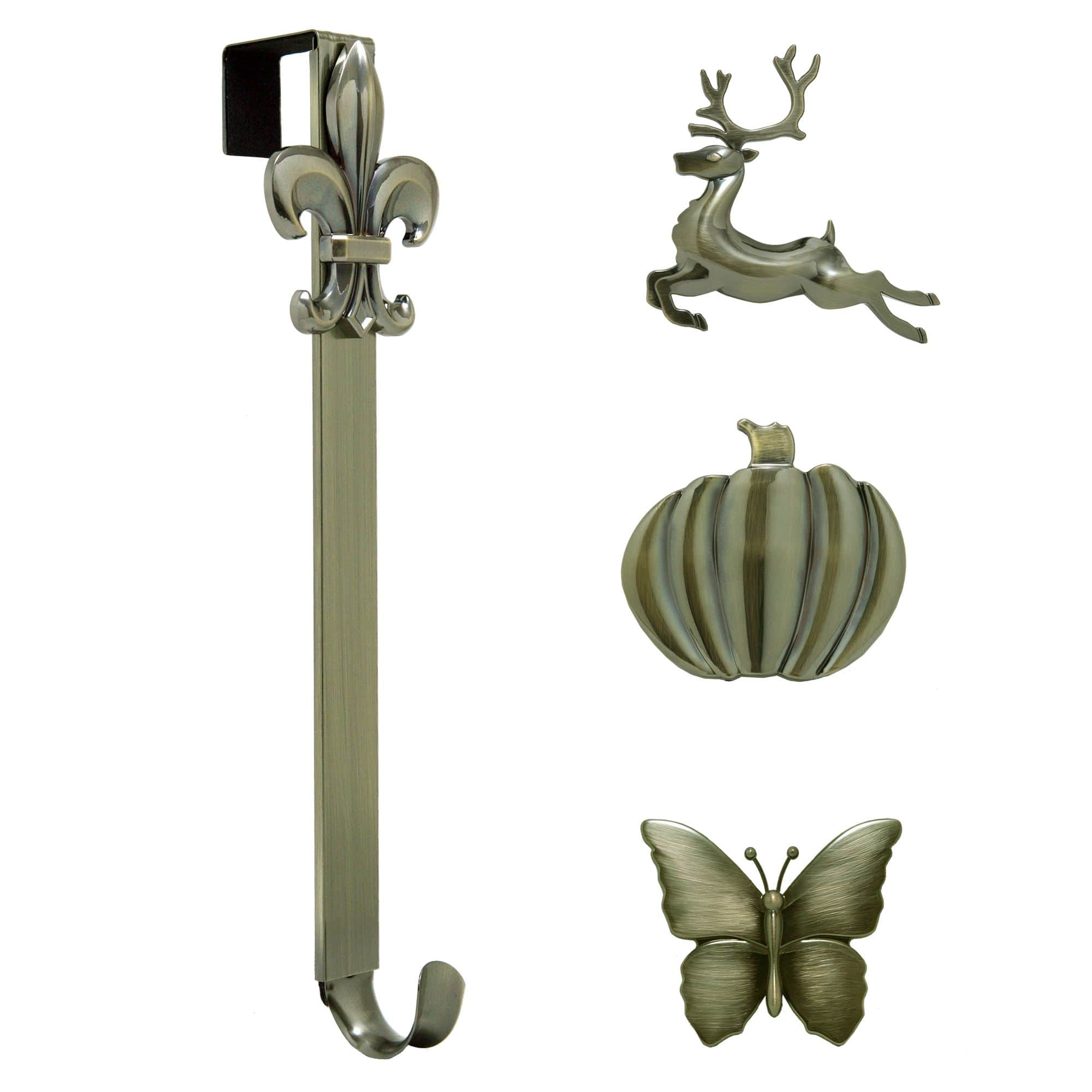 Haute Decor Antique Brass Adjustable Wreath Hanger with Seasonal Icons