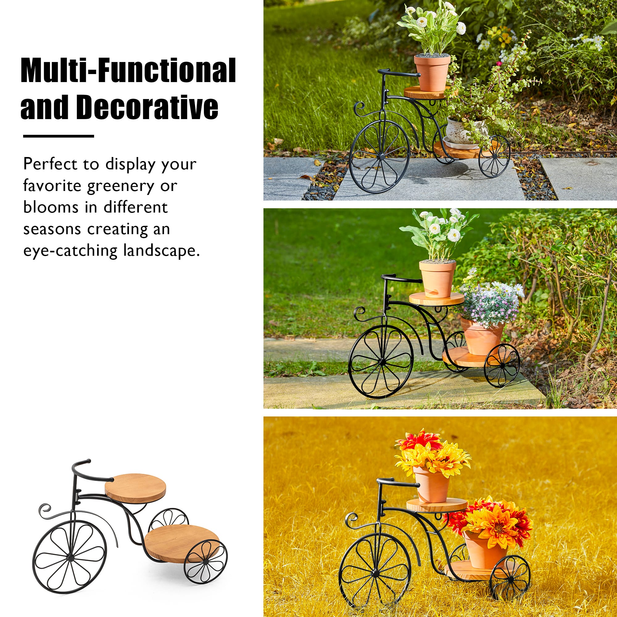 Glitzhome® 24" Black Metal Tricycle Planter Stand with Solid Wood Tray