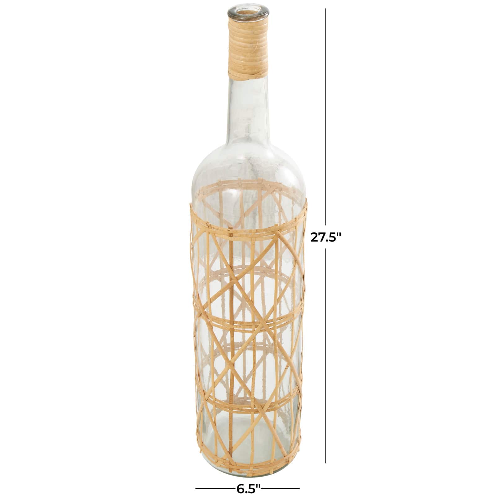 27" Clear Glass Handmade Tall Vase with Light Brown Rattan Woven Body & Neck
