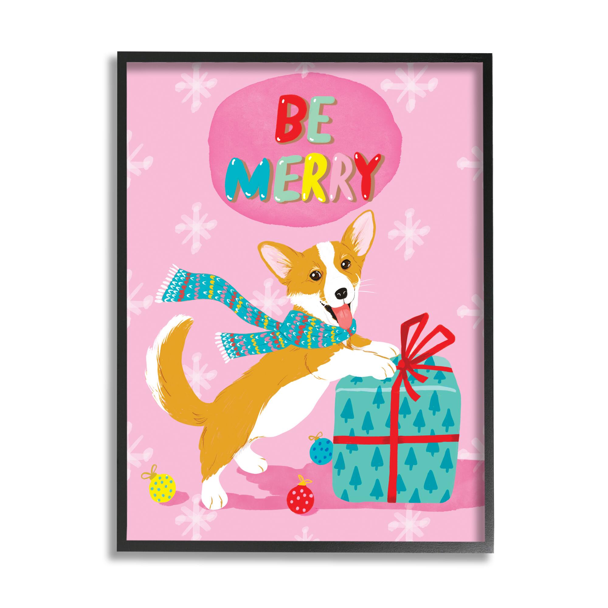 Stupell Industries Be Merry Smiling Puppy Gift Framed Giclee Art