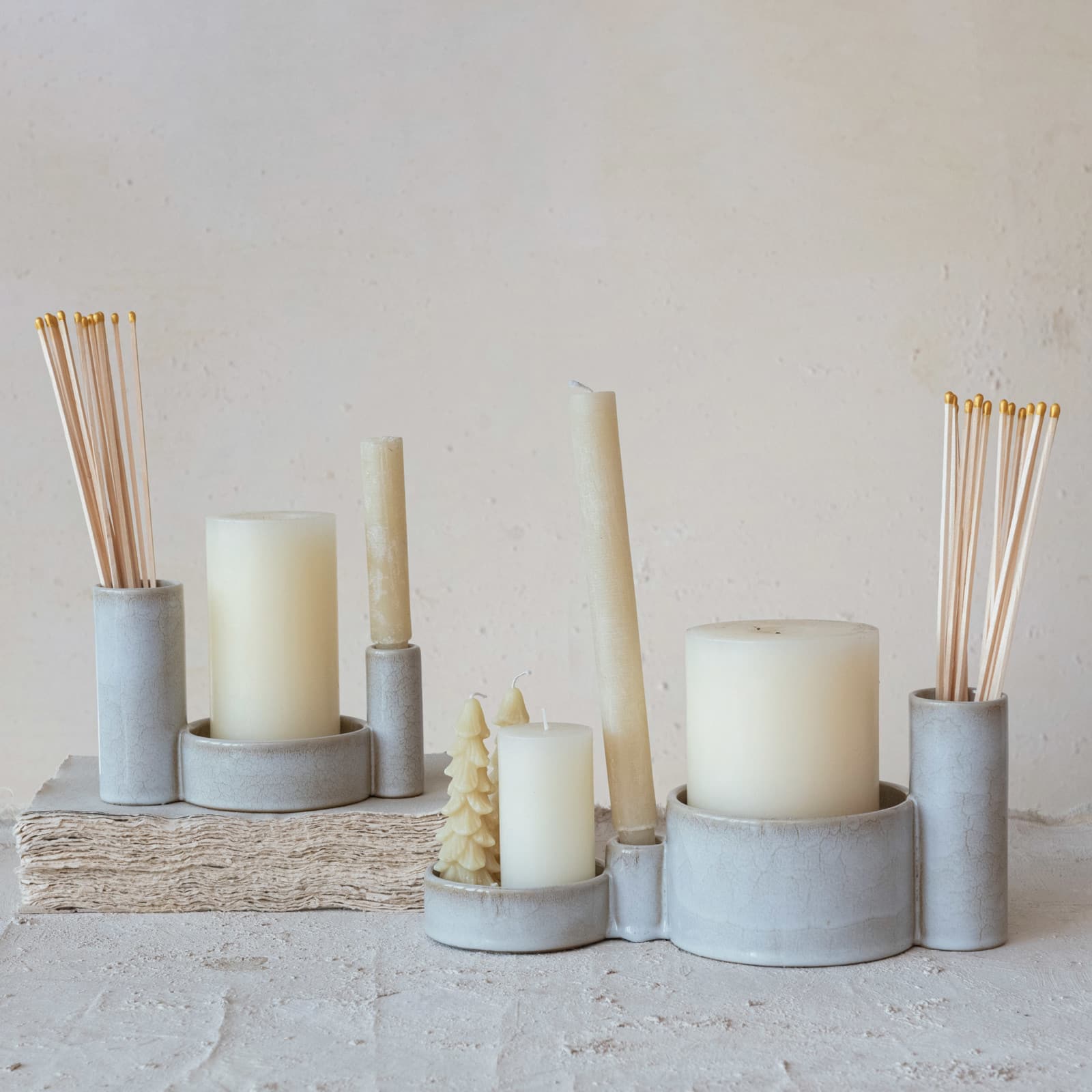 Hello Honey® 12" White Reactive Glaze Stoneware Serveware with Vase & Candle Holder