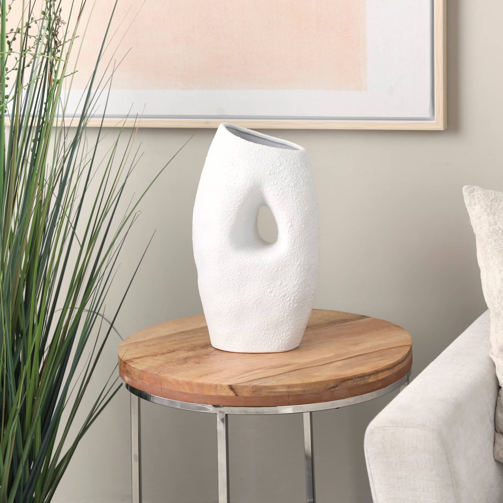 15" White Ceramic Abstract Textured Vase with Cutout Center