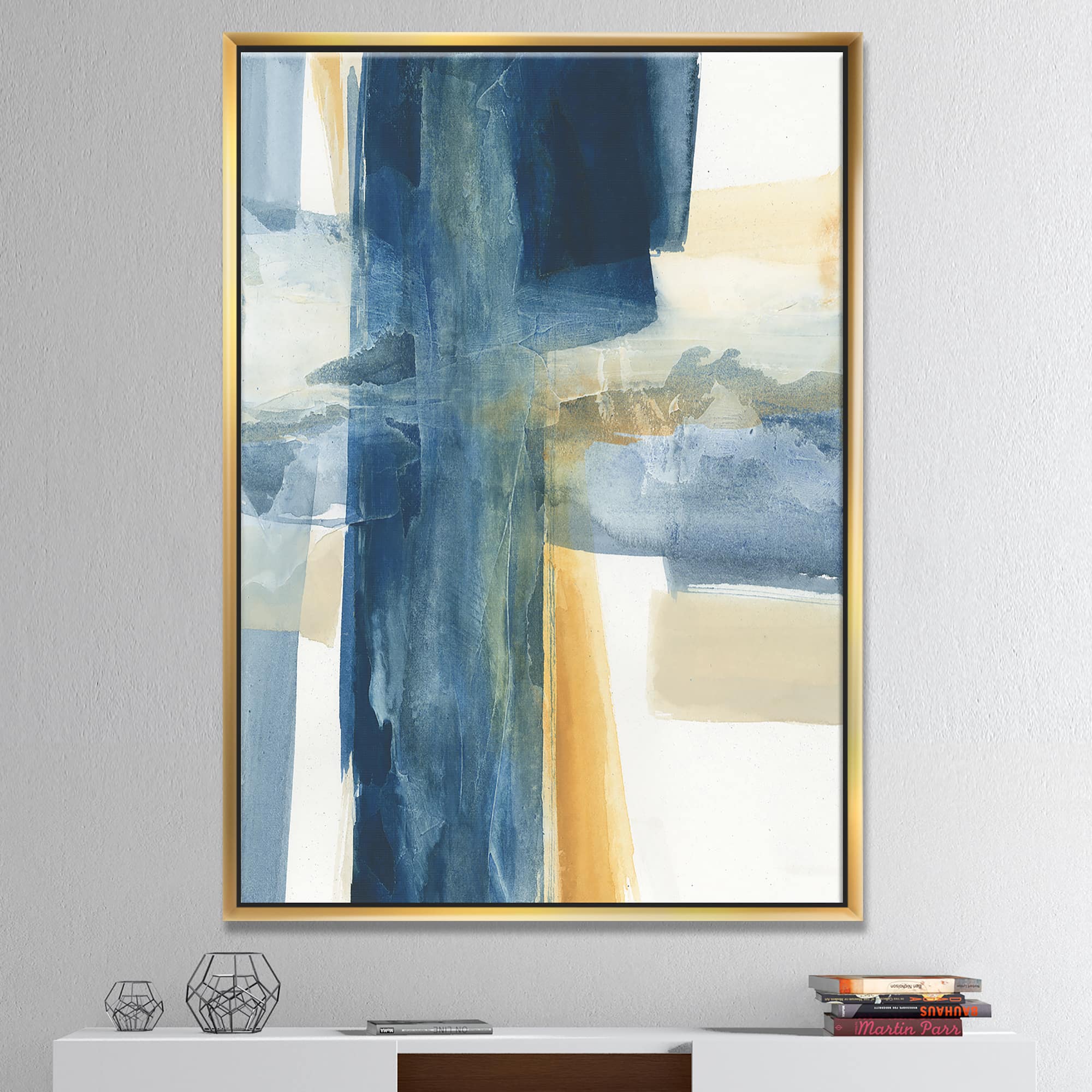 Designart - Indigo Panel VI - Glam Modern Canvas in Gold Frame