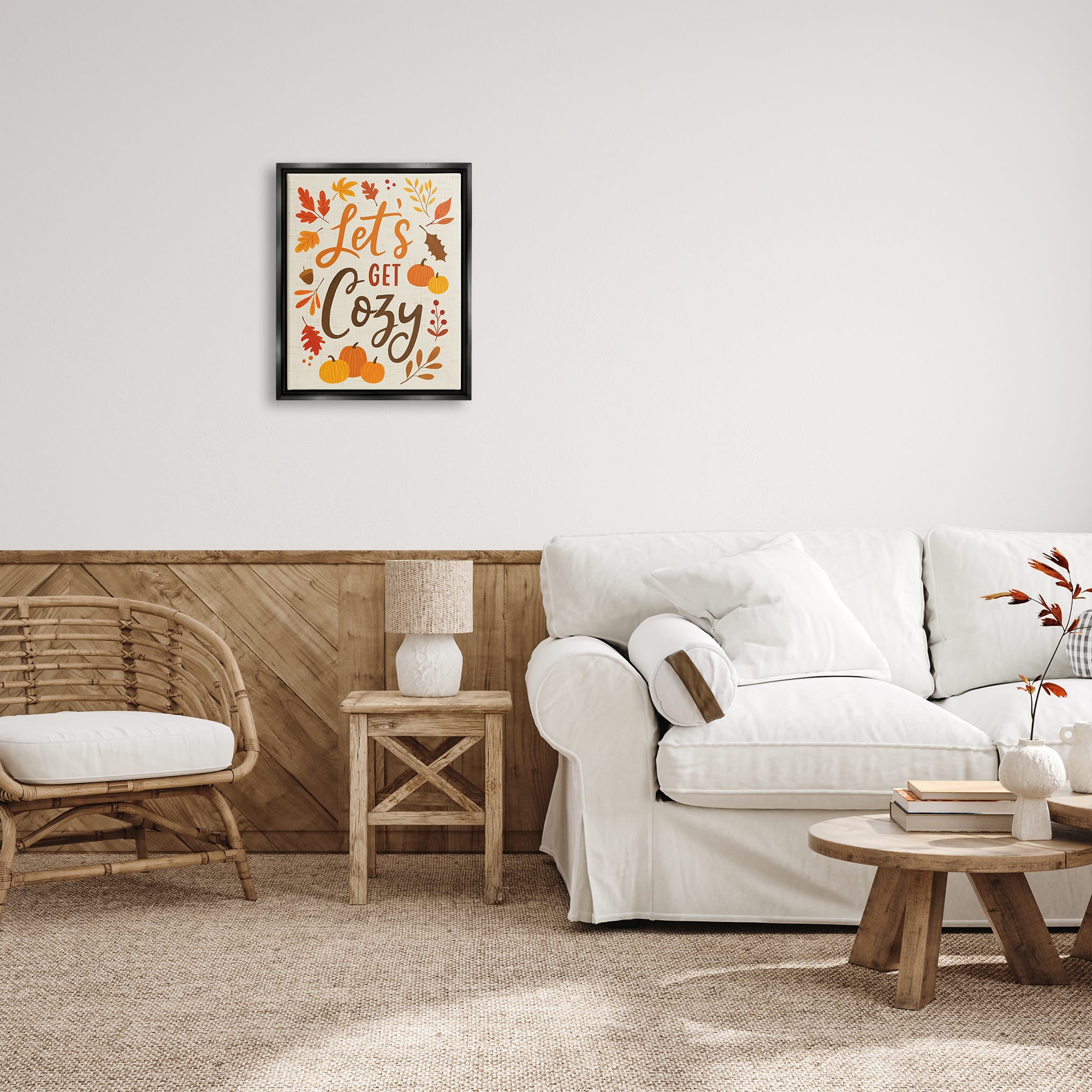 Stupell Industries Lets Get Cozy Autumnal Leaf Sprigs Framed Floater Canvas Wall Art