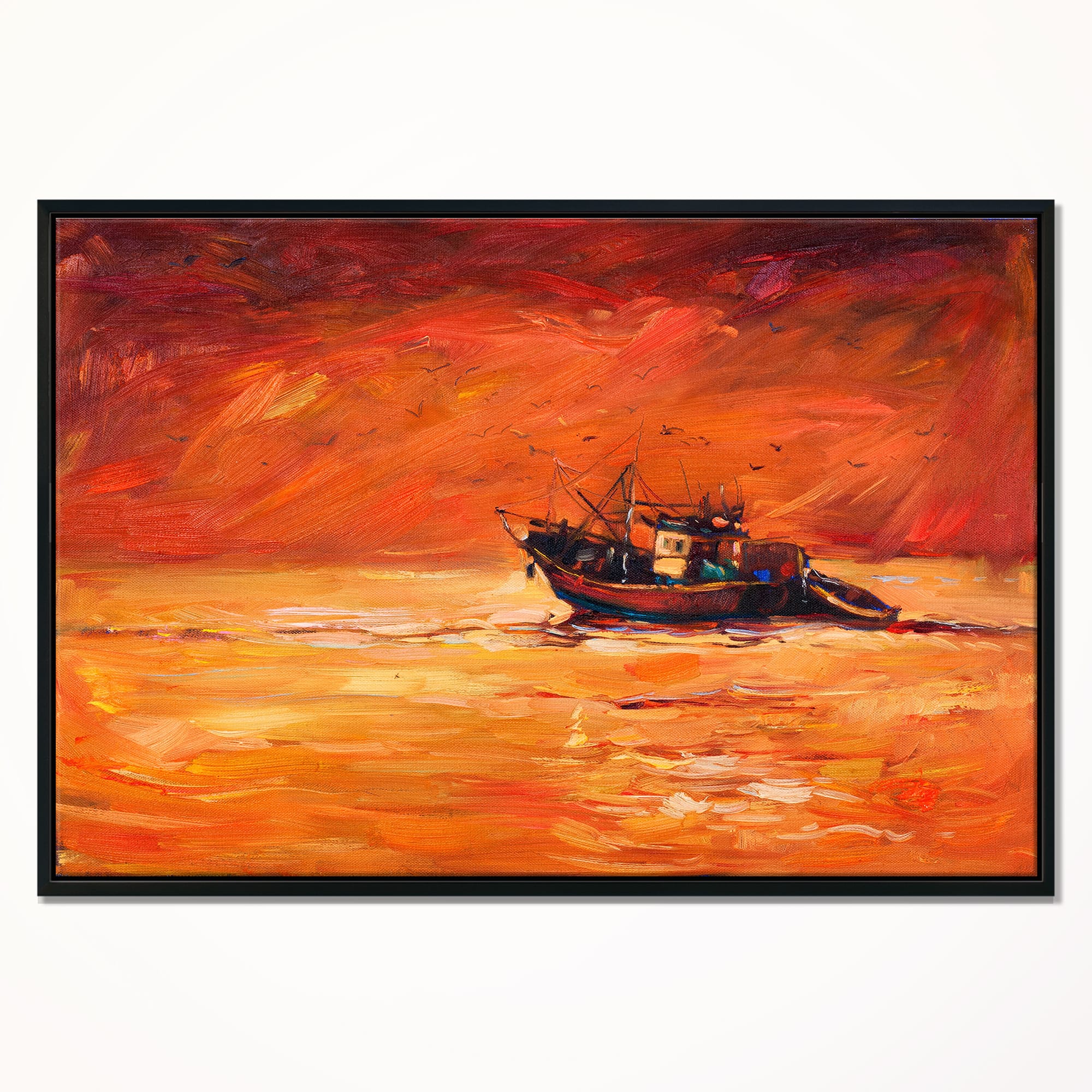 Designart - Fishing Boat in Red Hue - Seascape Canvas Art Print in Black Frame