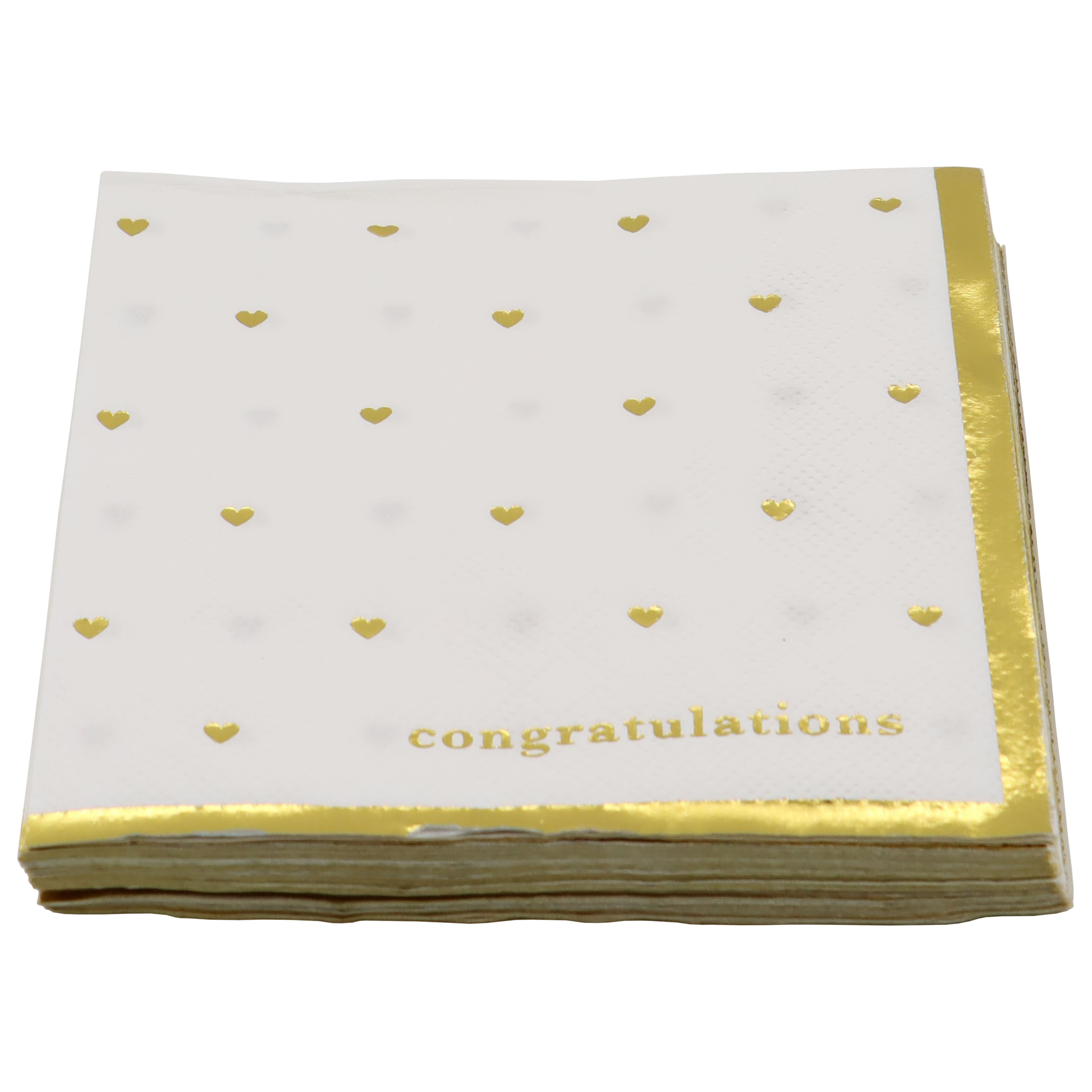24 Packs: 20 ct. (480 total) Gold & White Congratulations Hearts Beverage Napkins by Celebrate It™