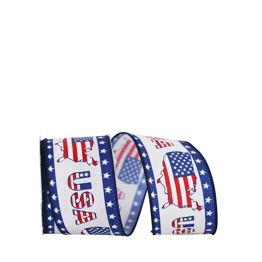 JAM Paper 2.5" x 10yd. Red, White & Blue Star Border USA Map Wired Ribbon