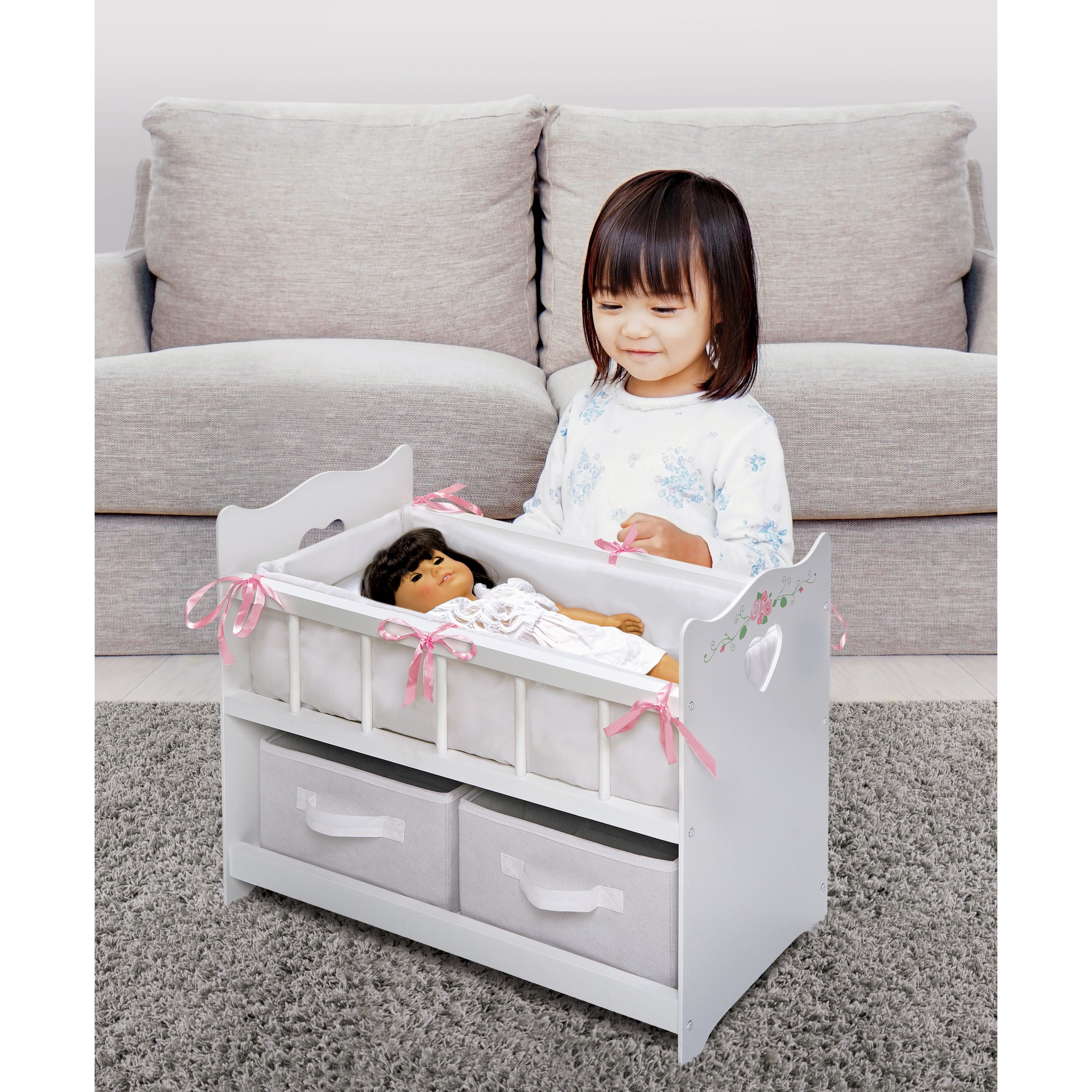 Badger Basket White Rose Doll Crib with Bedding & Two Baskets