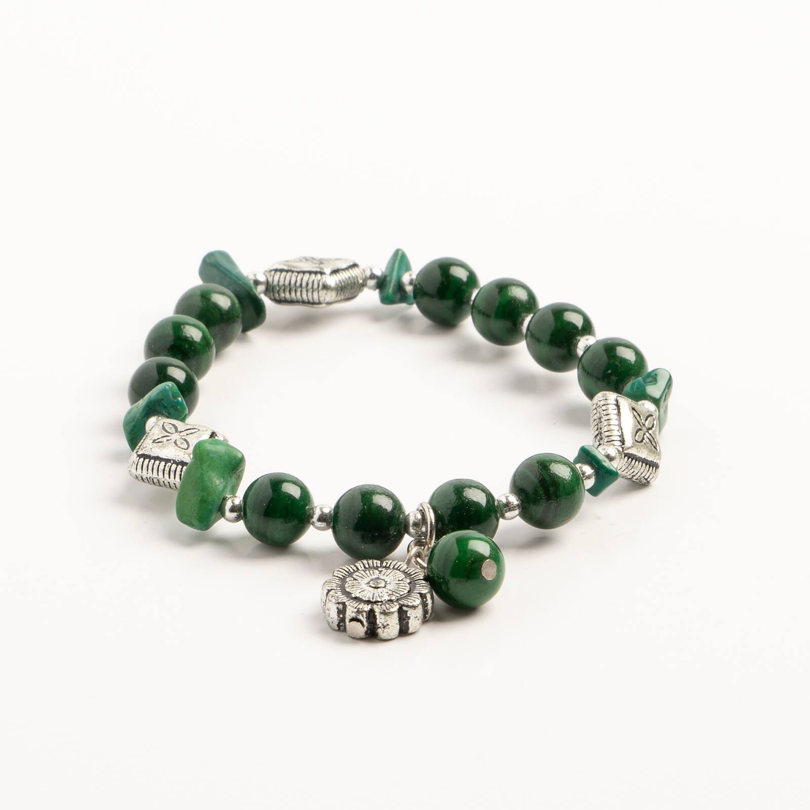 John Bead Imitation Malachite Natural Stone Stretch Bracelet with Flower Charm