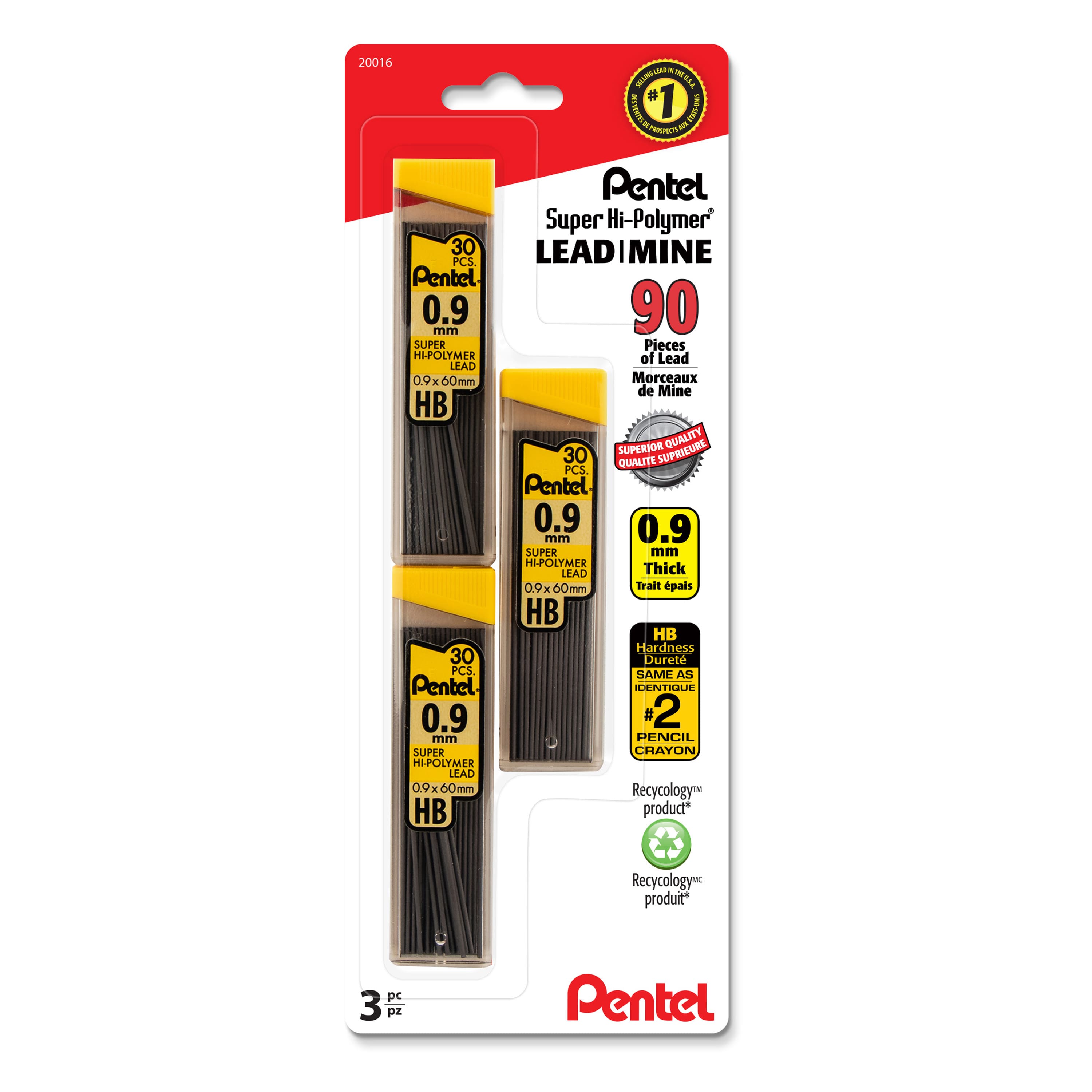 Pentel Super Hi-Polymer® 0.9mm Lead Refills, 3 Packs of 30