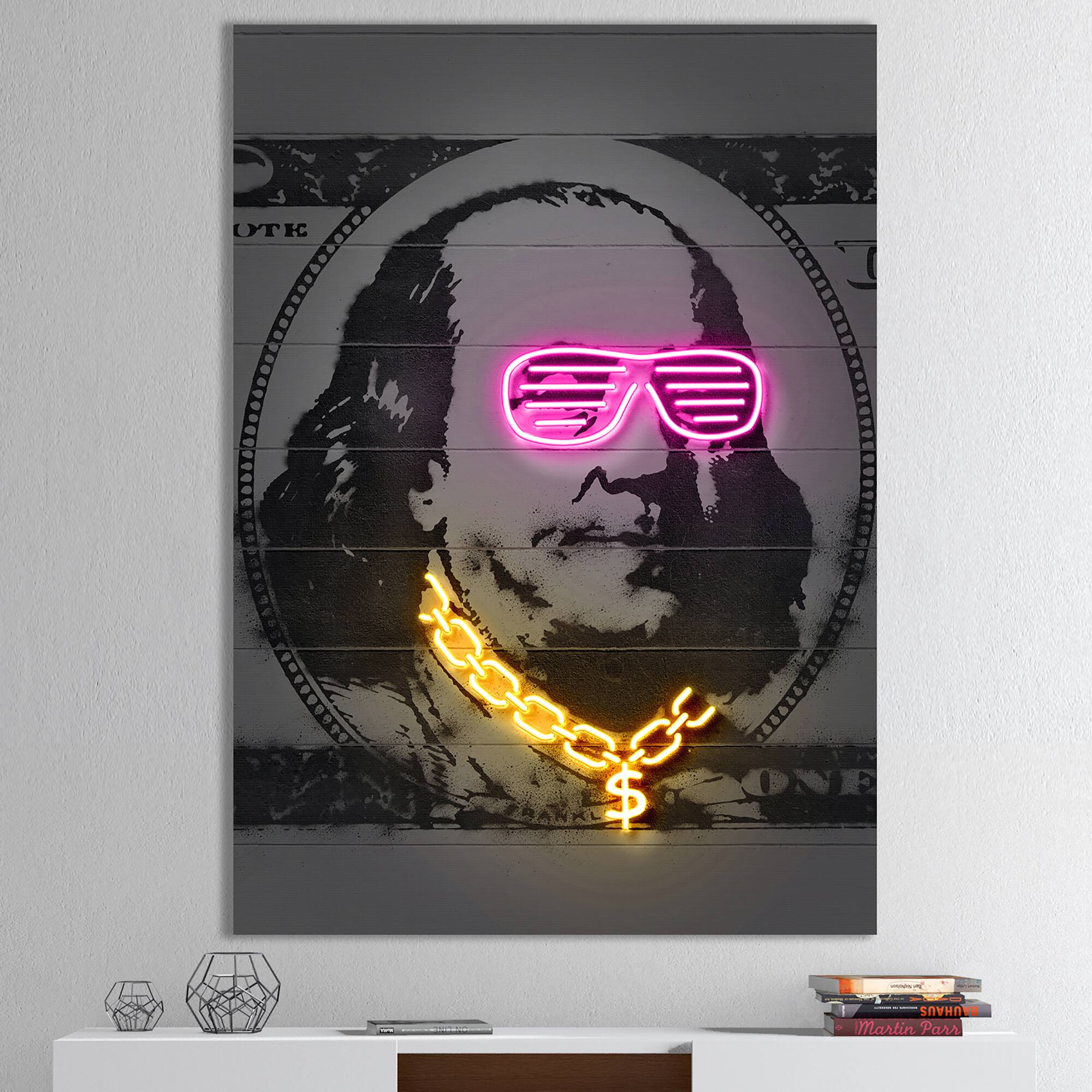 Designart - Benjamin Franklin Neon Rap - Modern & Contemporary Canvas Artwork