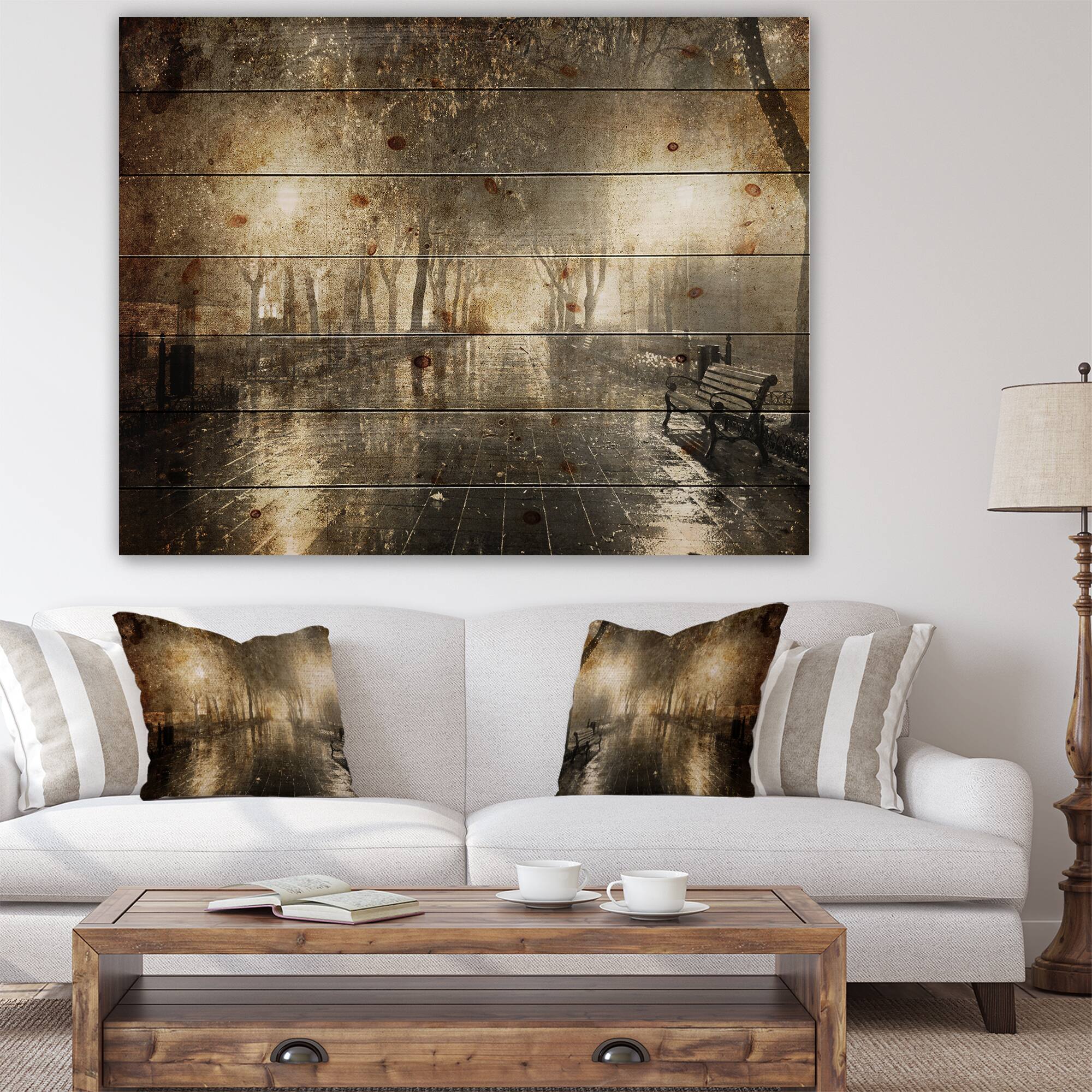 Designart - Night Alley with Lights - Photography Landscape Print on Natural Pine Wood