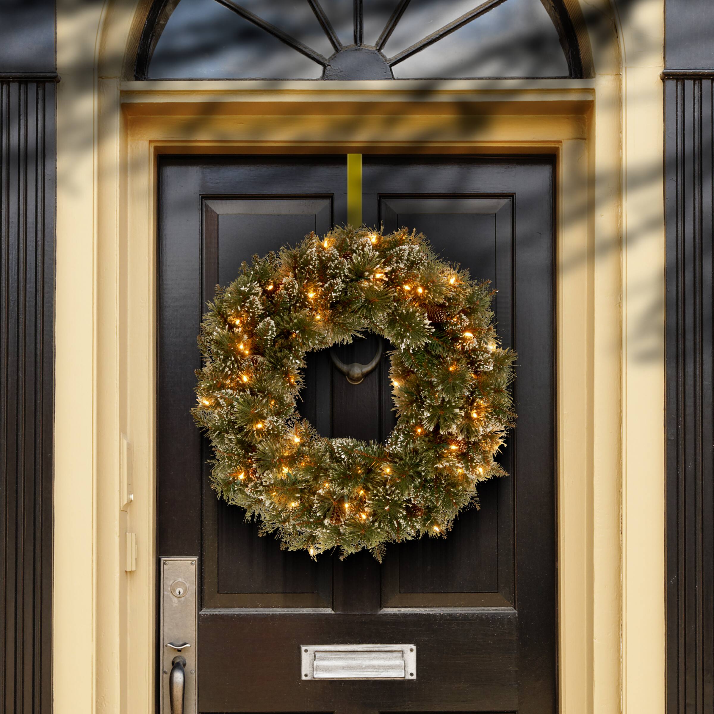 24" Glittery Bristle® Pine Wreath with Pine Cones & Warm White LED Lights