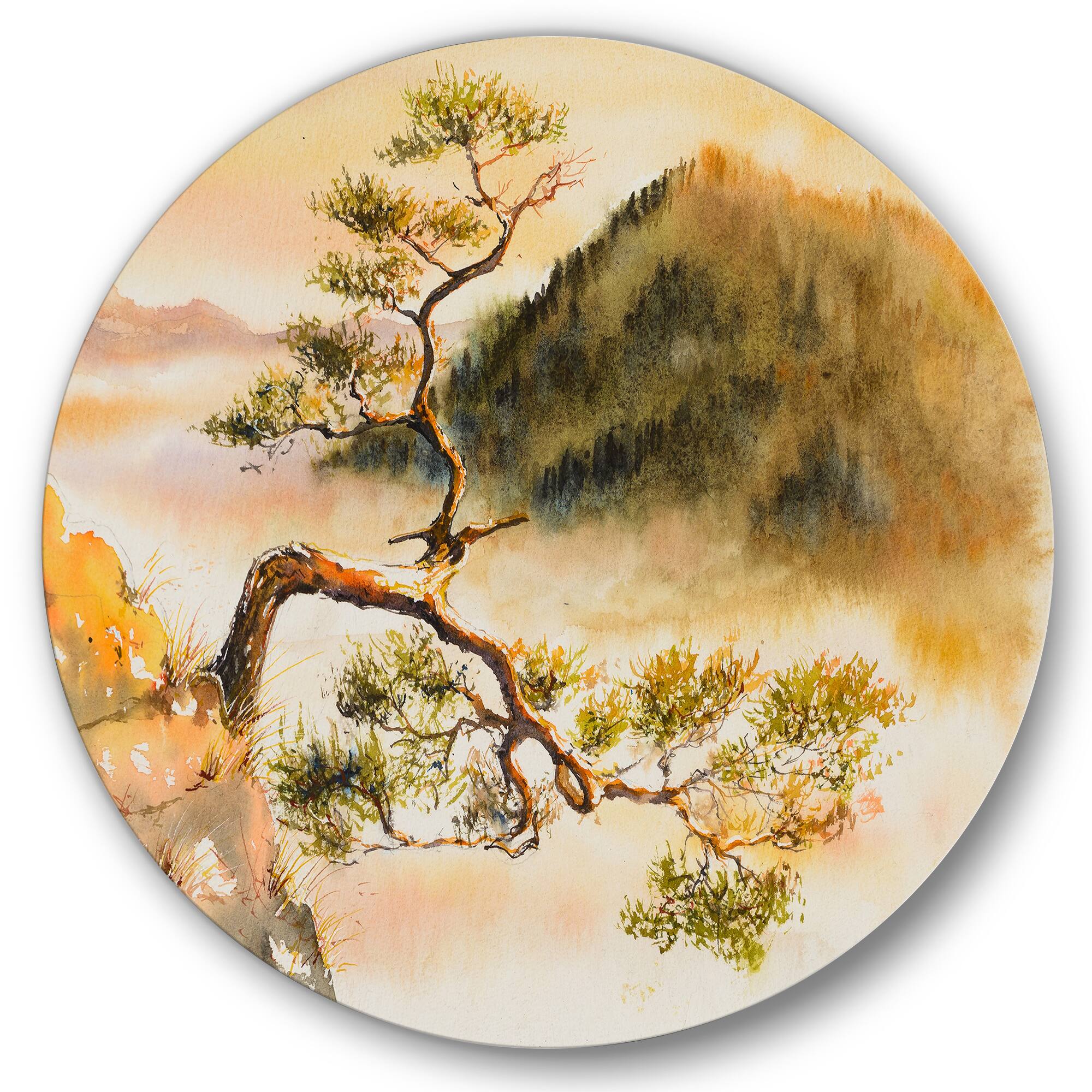 Designart - Curved Pine Tree On The Top of Sokolica Peak - Traditional Metal Circle Wall Art