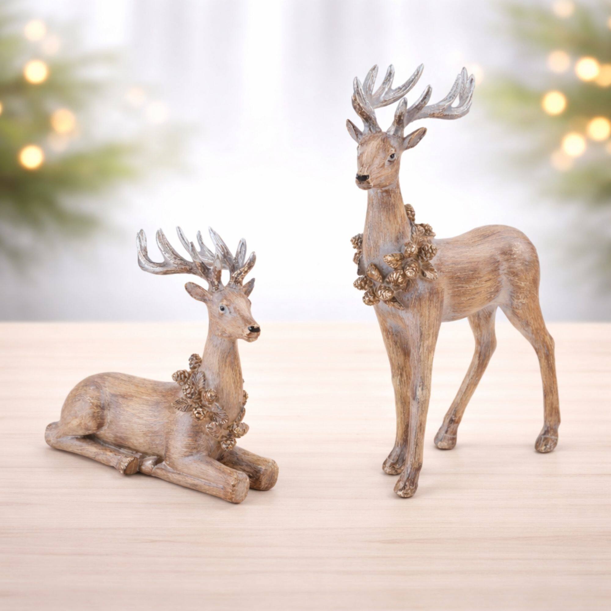 Melrose Glittered Deer with Wreath Figurines Set