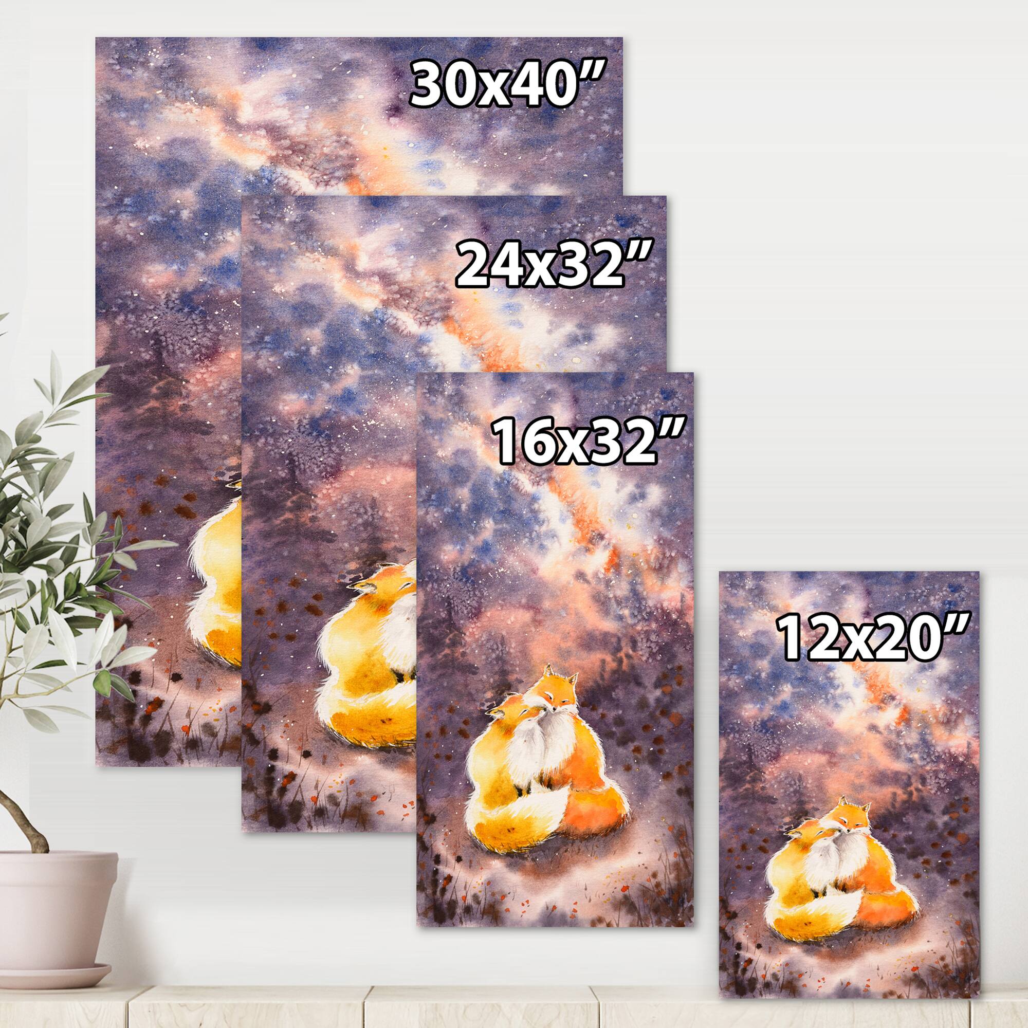 Designart - Hugging Foxes Over A Night Sky - Children's Art Canvas Wall Art Print