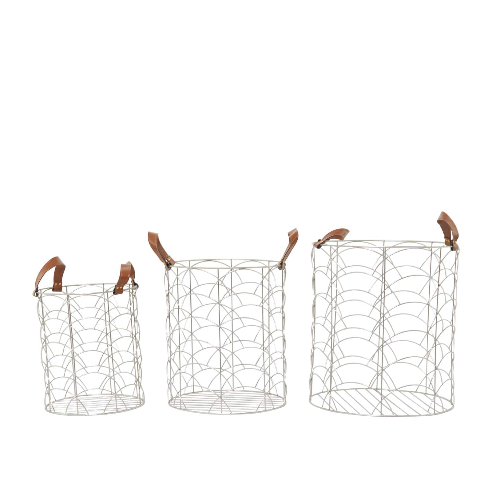 CosmoLiving by Cosmopolitan Silver Metal Storage Basket with Faux Leather Handles Set of 3 16", 14", 12"