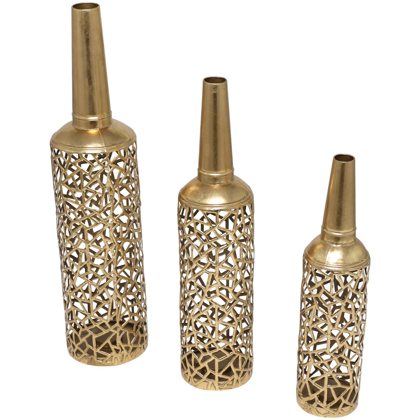 Gold Metal Abstract Patterned Vase with Open Frame Design Set