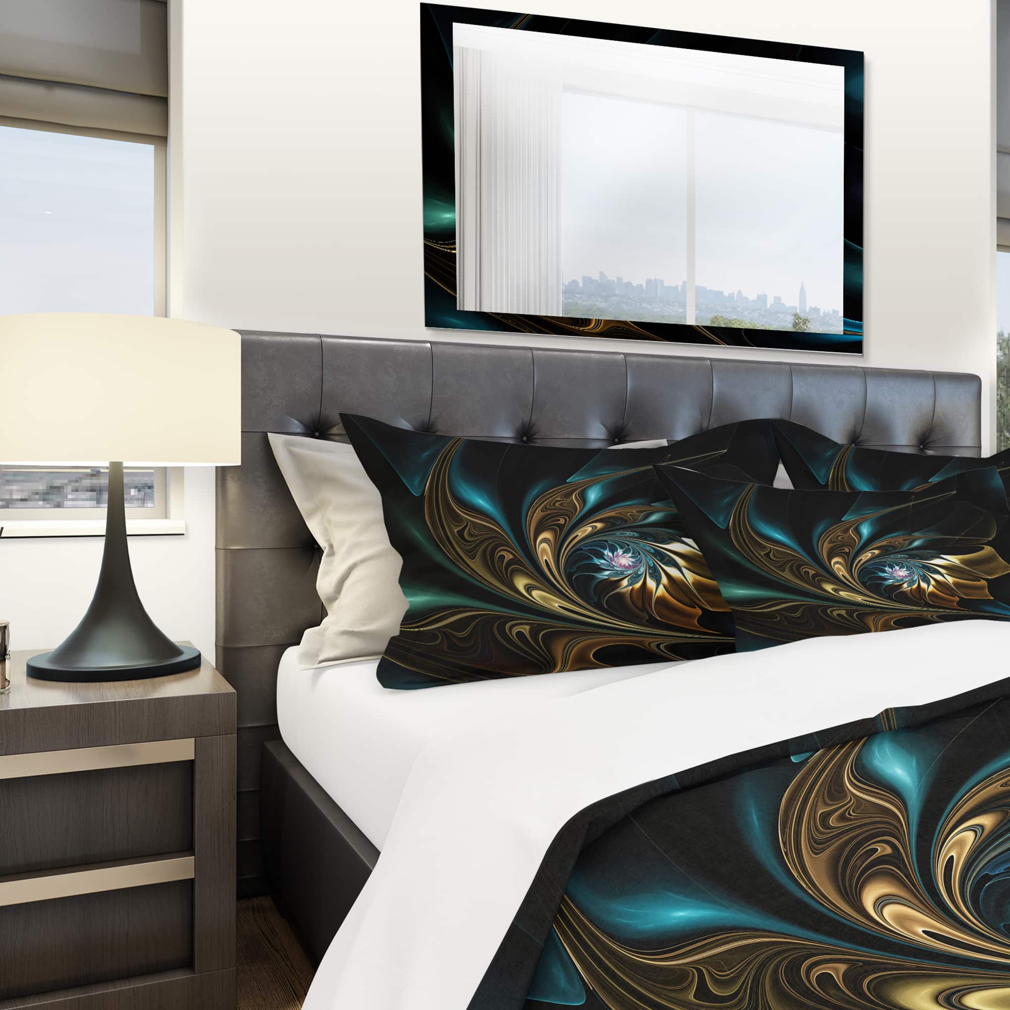 Designart 'Brown Blue Fractal Flower in Black' Modern & Contemporary Bedding Set - Duvet Cover & Shams