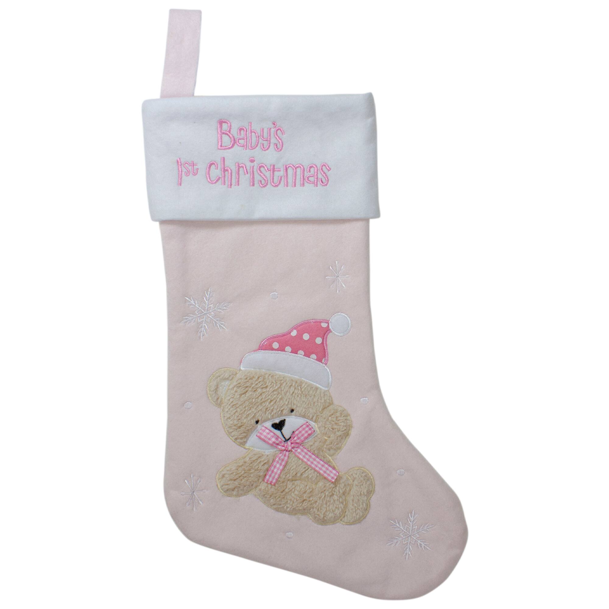 Baby's 1st Christmas Embroidered Teddy Bear Stocking - 19" - Pink and White