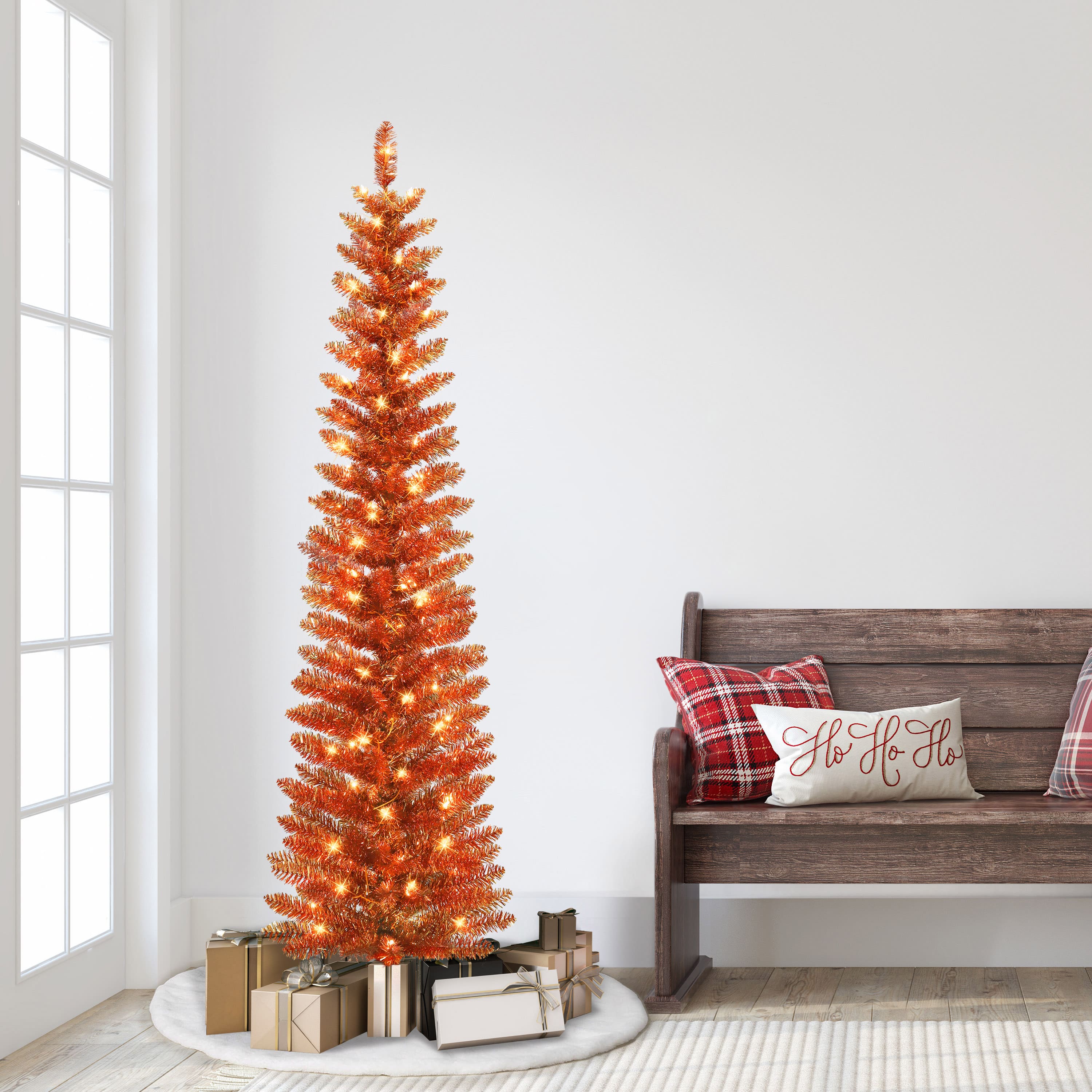 6ft. Pre-Lit Orange Tinsel Artificial Christmas Tree, Clear Lights