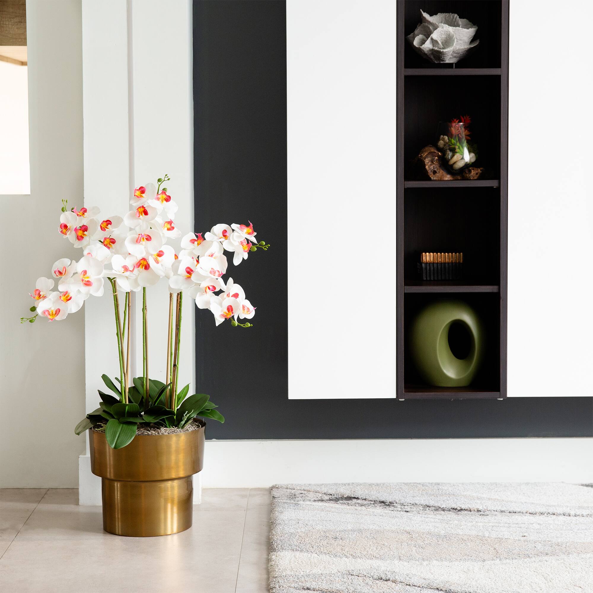 4ft. White Orchid Arrangement in Brass Metal Planter with Stand