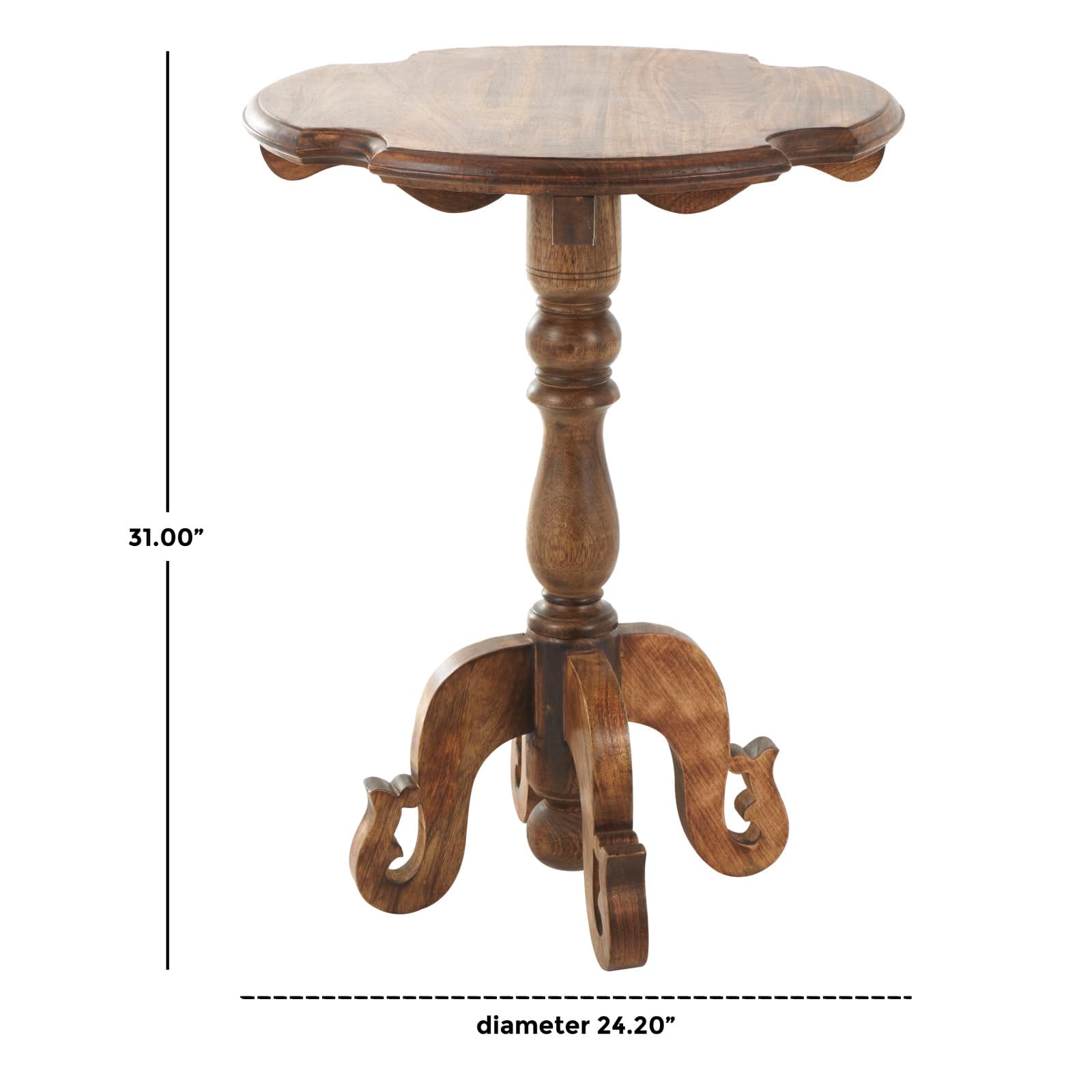 Brown Mango Wood Turned Accent Table with Scrolled Legs and Cutout Tabletop
