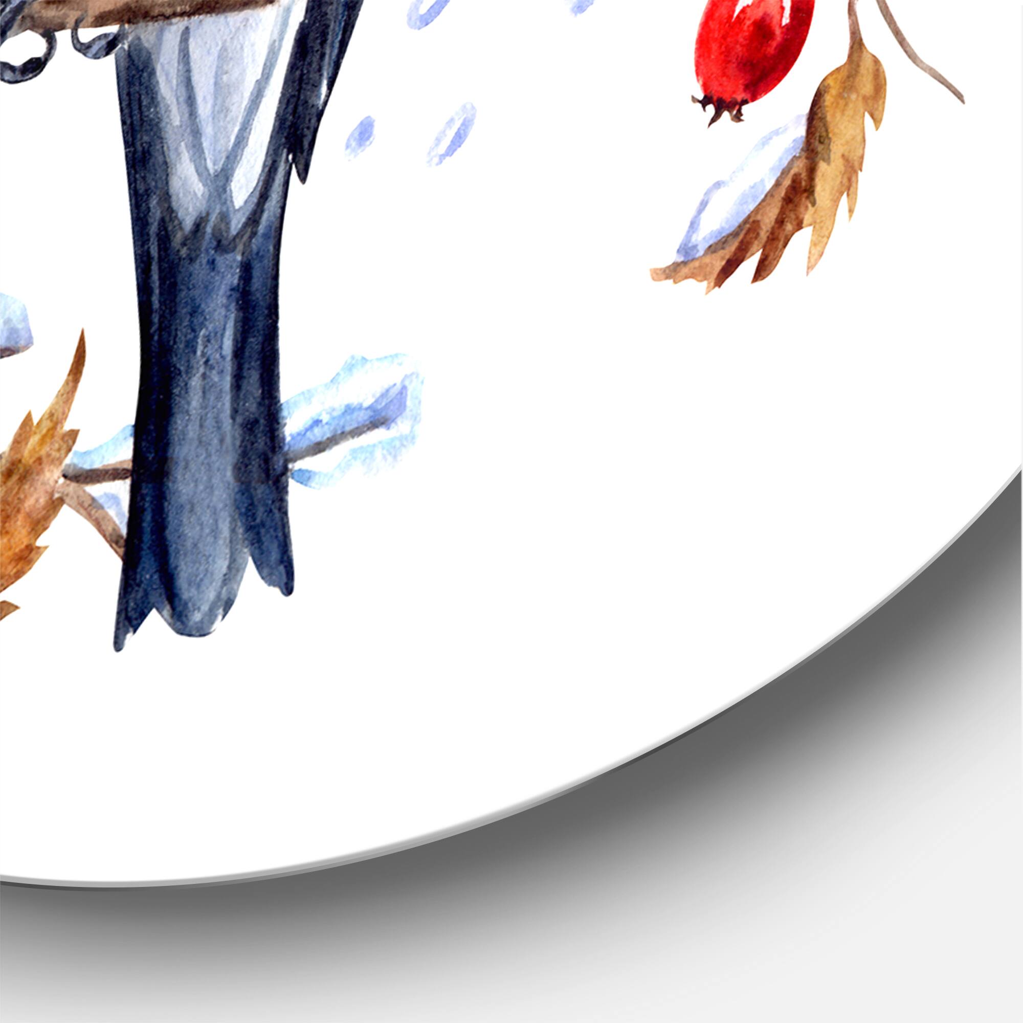 Designart - Two Bullfinches On A Hawthorn Branch with Snowfall - Traditional Metal Circle Wall Art