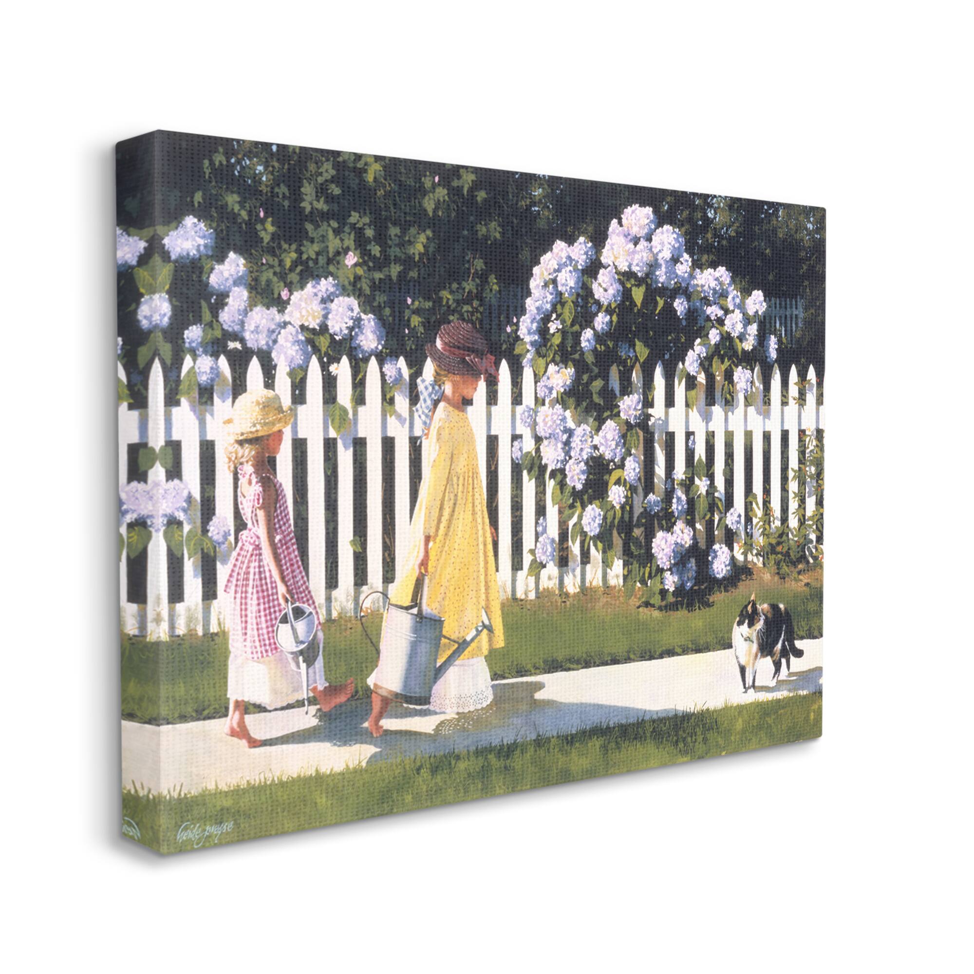 Stupell Industries Girls Gardening Neighborhood Sidewalk Picket Fence Canvas Wall Art