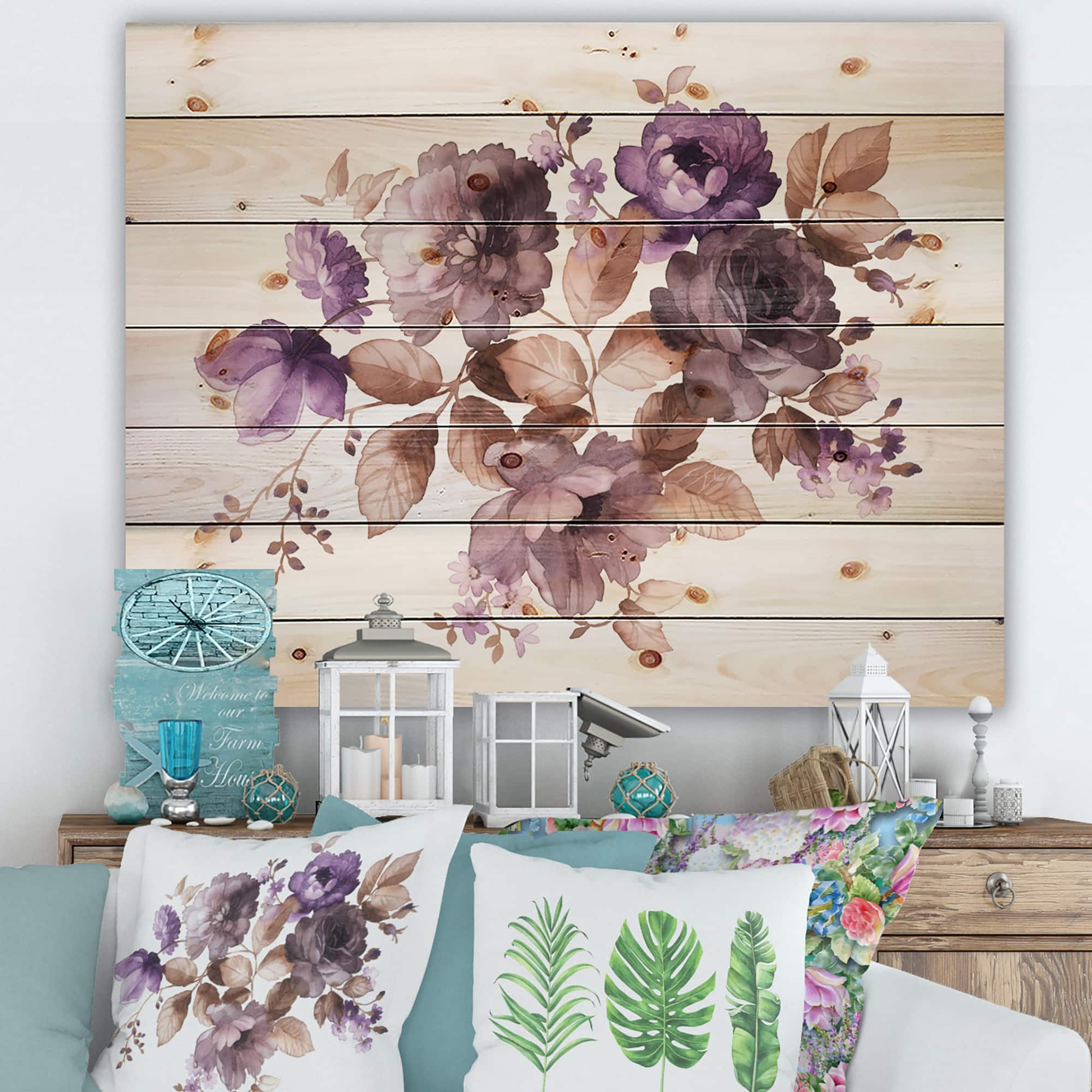 Designart - Purple Retro Flowers With Brown Leaves