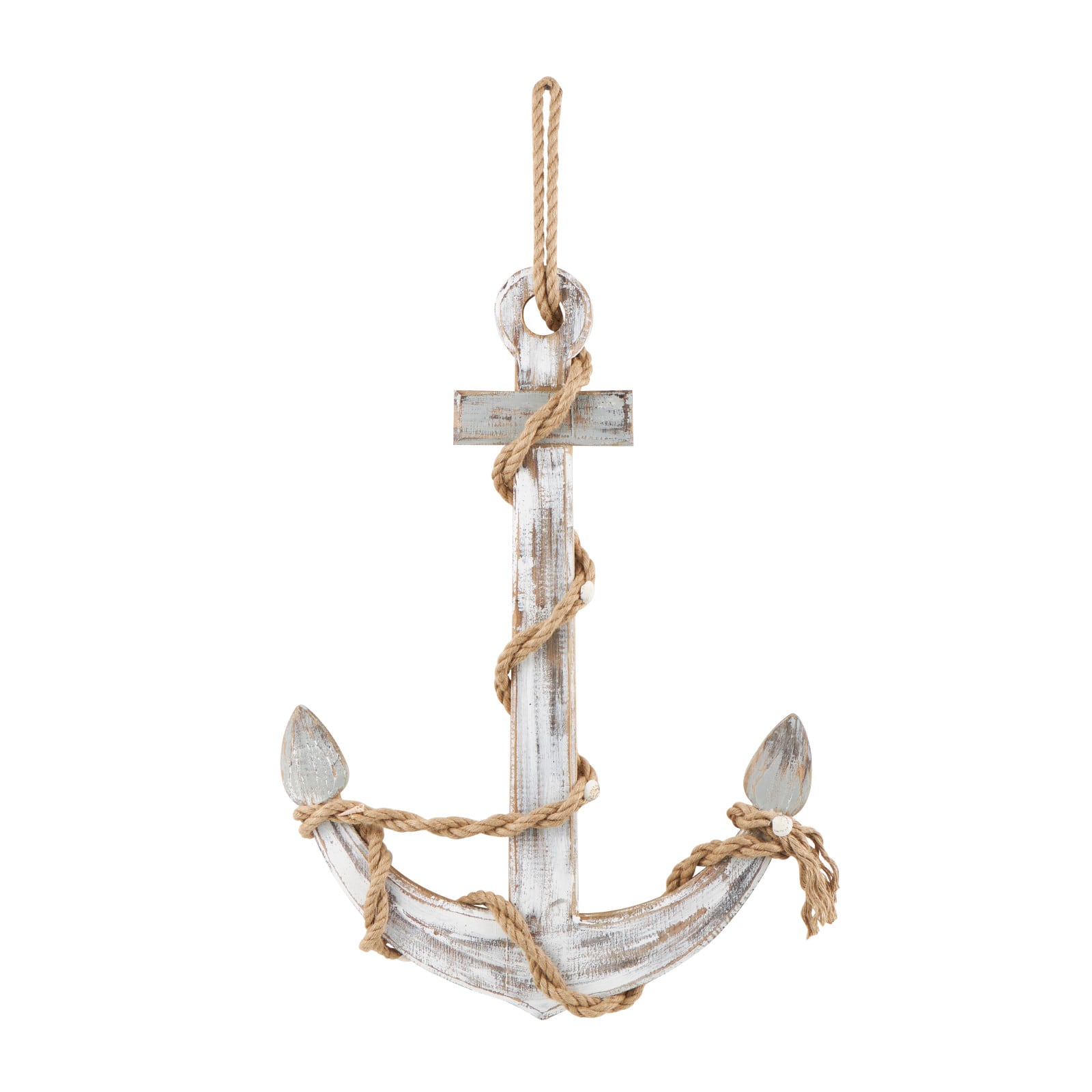 Brown wood anchor handmade wall décor with rope and shell accents.