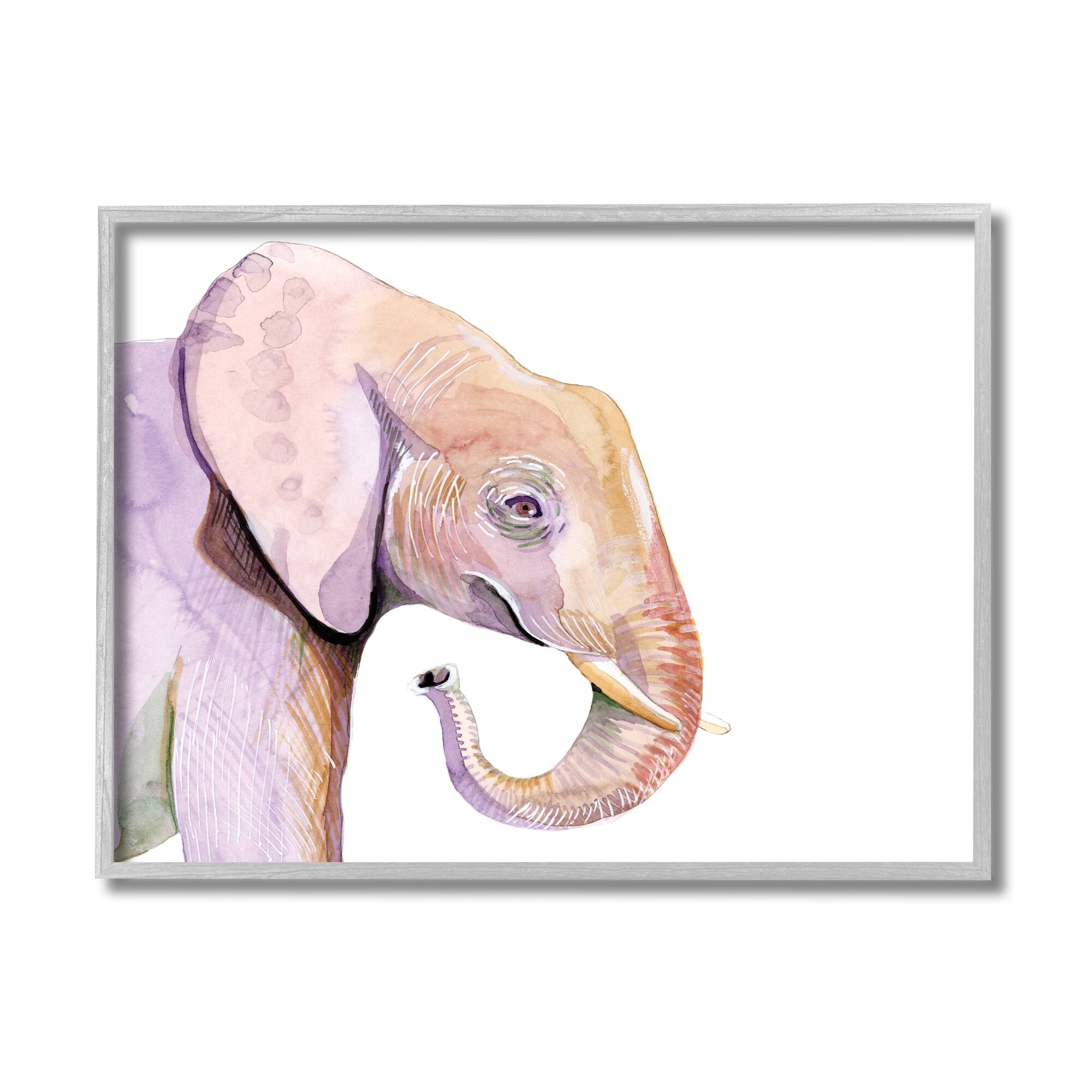 Stupell Industries Happy Elephant Smile Purple Red Safari Animal in Gray Frame Wall Art
