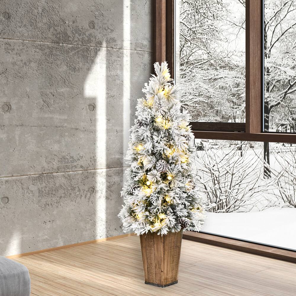 4.5ft. Pre-Lit Flocked Kimball Pine Artificial Christmas Tree in Decorative Planter, Warm White Dura-Lit™ LED Lights