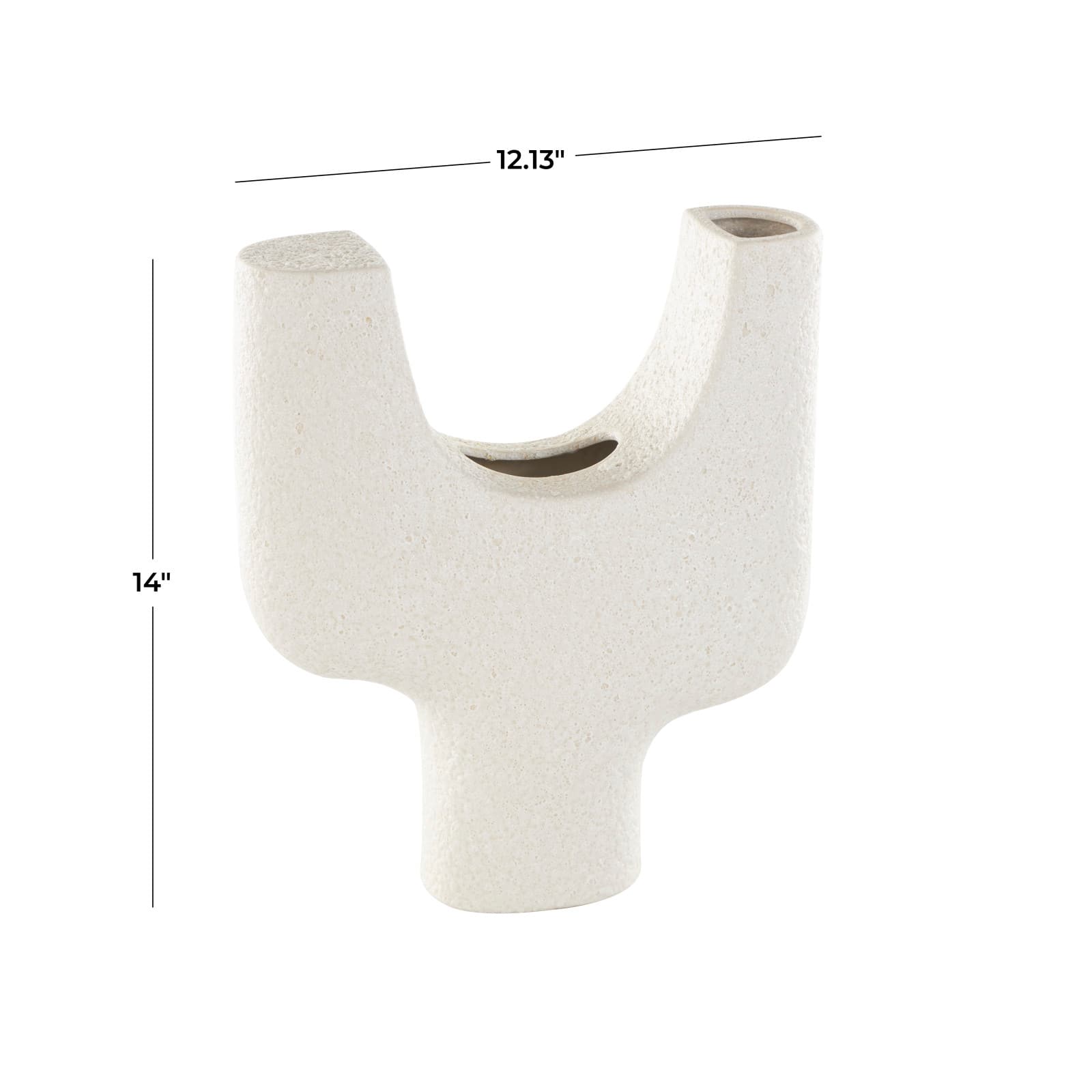 14" Speckled White Abstract Curved Ceramic Vase with Dual Openings