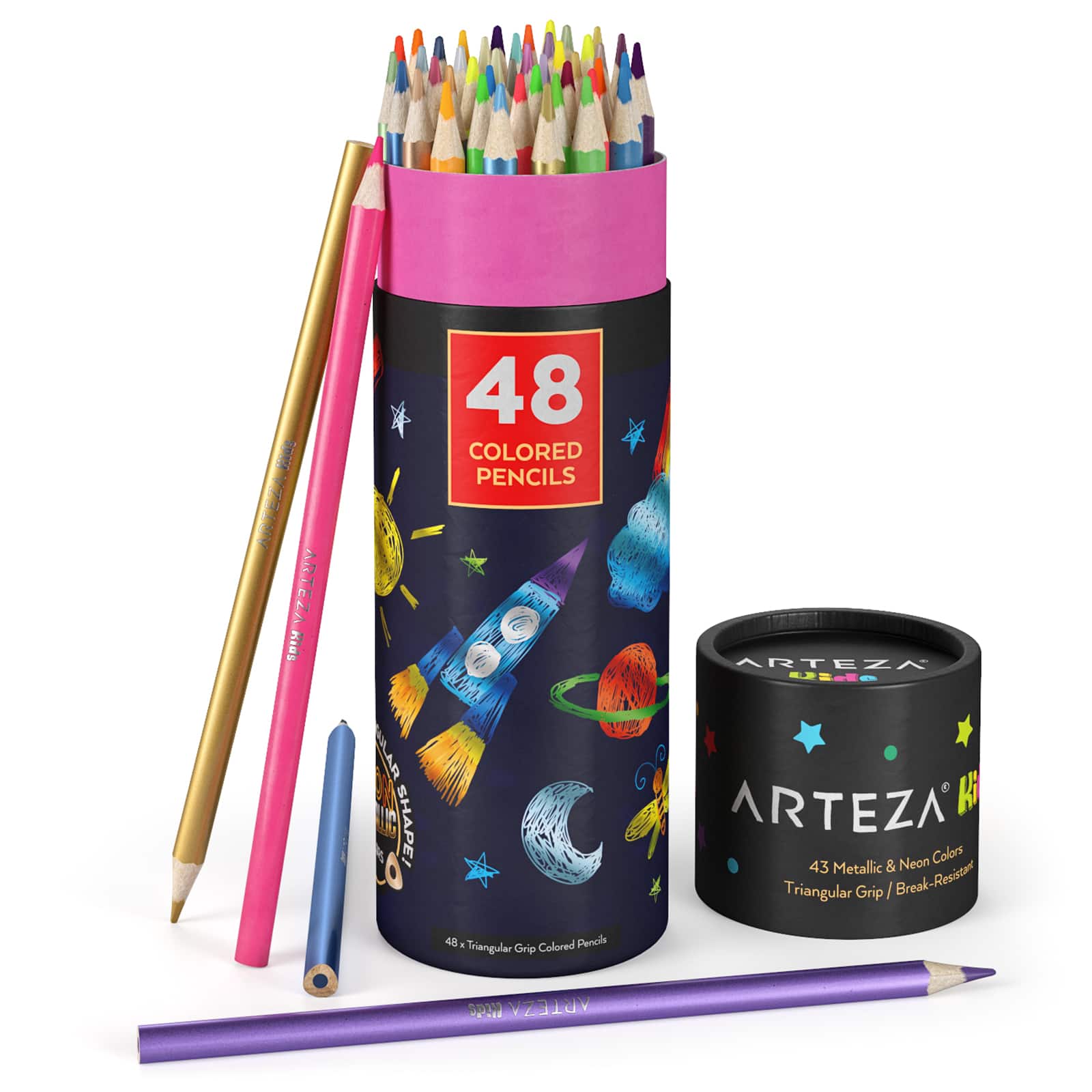 Arteza® Kids Colored Triangular Pencils, Metallic and Neon Colors, set of 48 pcs