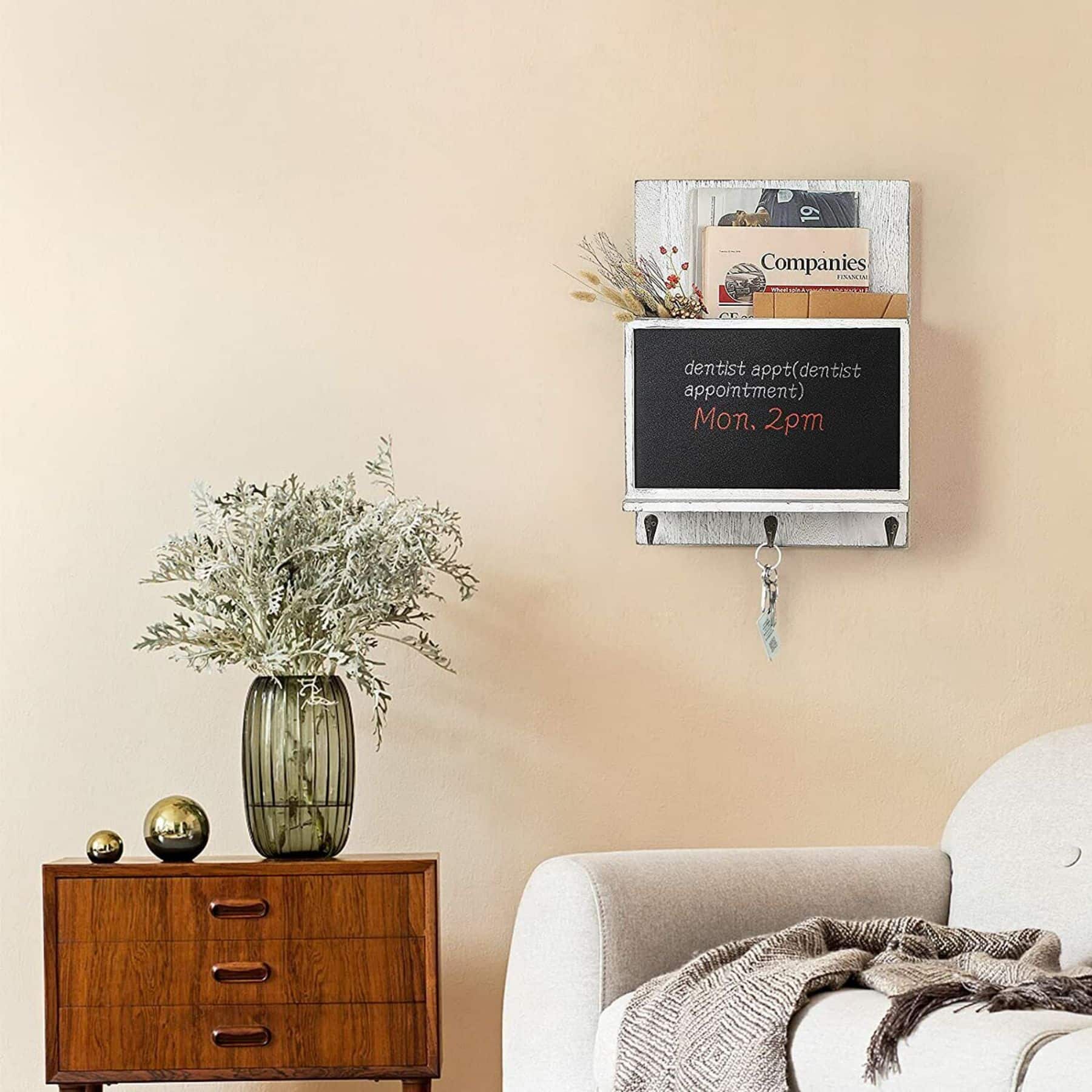 NEX™ 16" Gray White Wall-Mounted Key & Mail Holder with Chalkboard