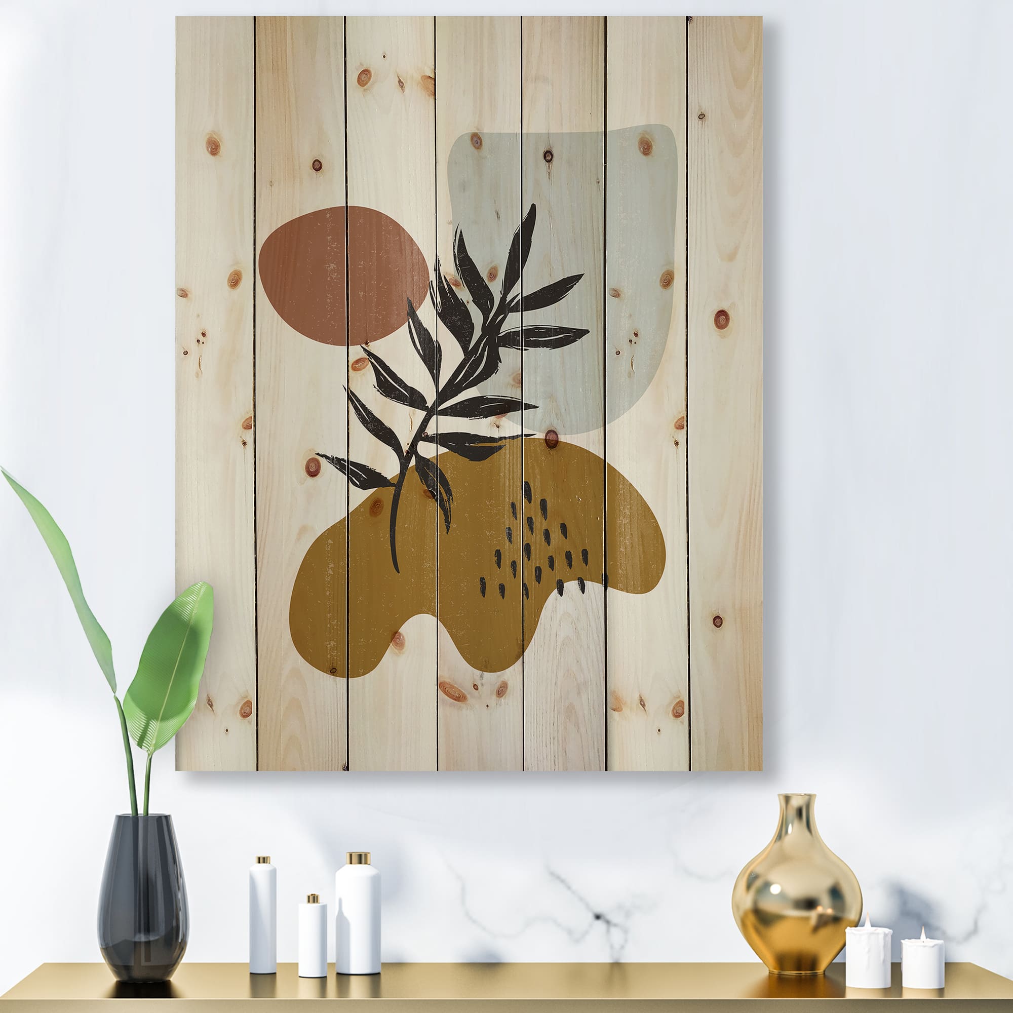 Designart - Botanical Minimalist Leaf With Abstract Shapes II - Modern Print on Natural Pine Wood