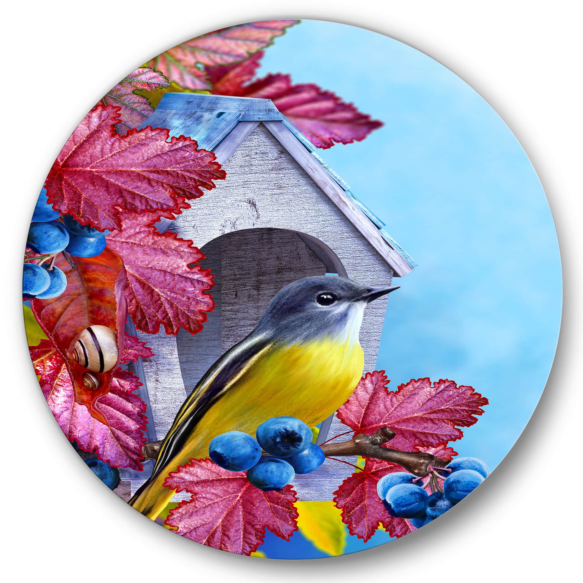 Designart - Titmouse Bird Sitting On A Branch Near A Birdhouse - Traditional Metal Circle Wall Art