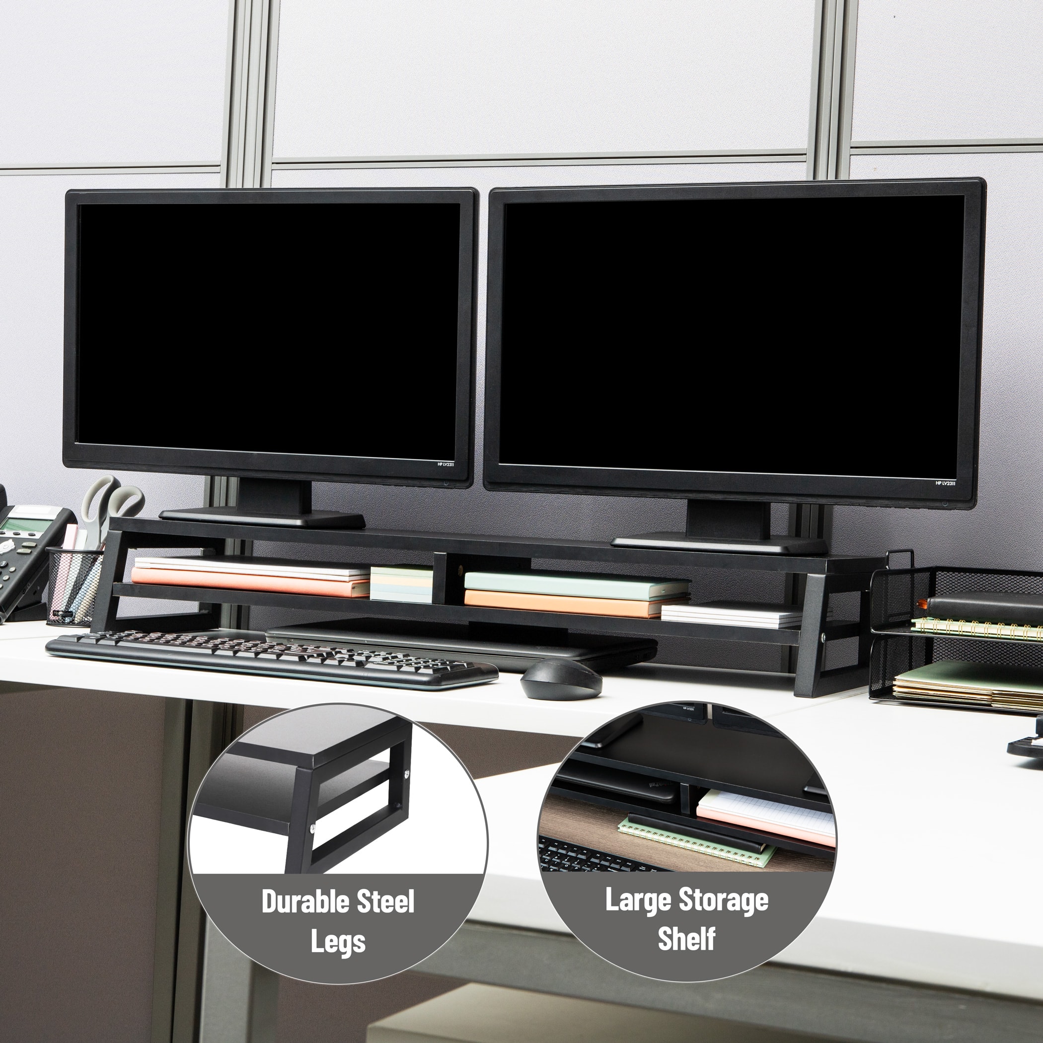 Mind Reader 2-Tier MDF Double Monitor Stand, Dual Screen Riser with Storage Shelf, 33.75 Inch Wide, 88 lb Capacity, Black