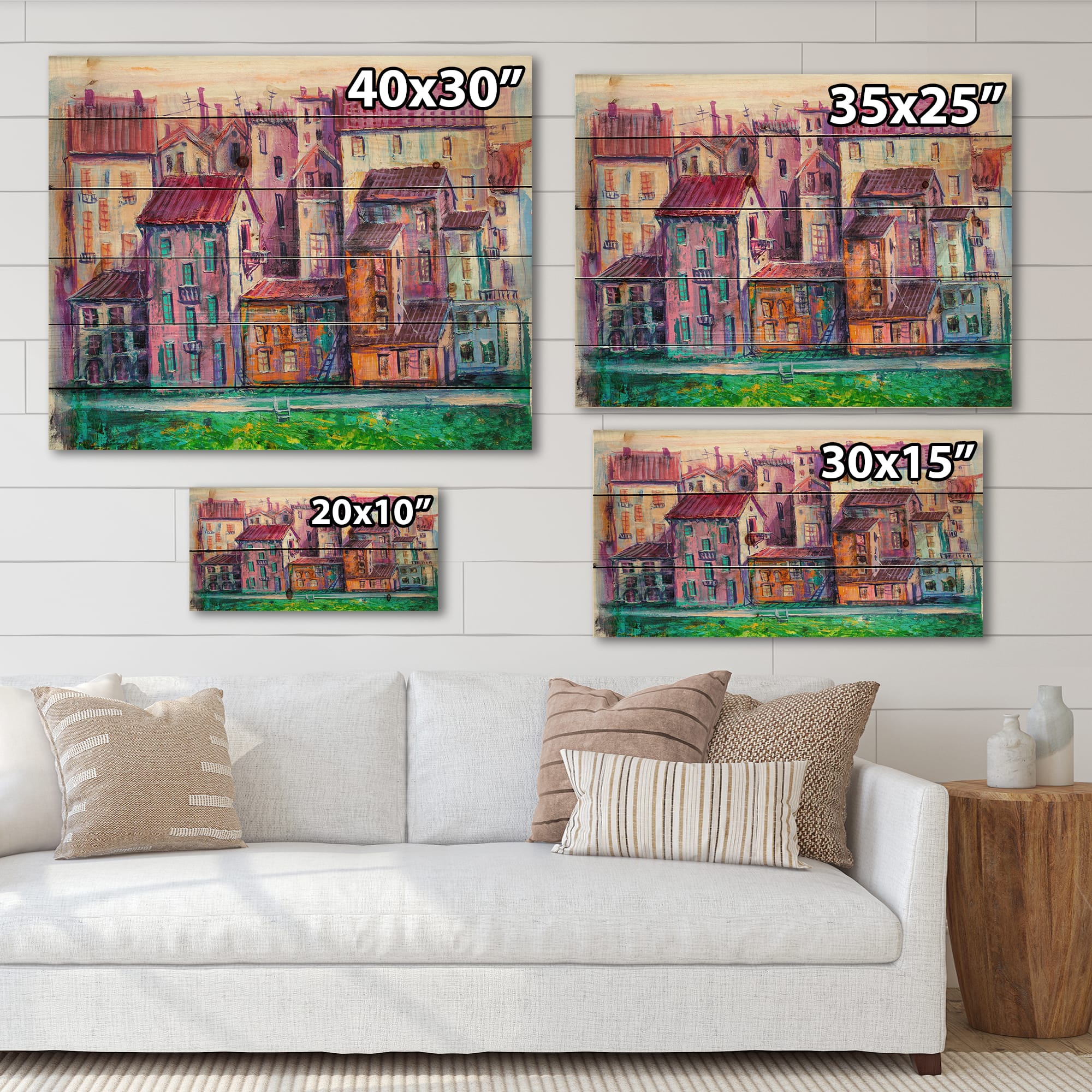 Designart - Street With Colorful Old Homes - Modern Print on Natural Pine Wood