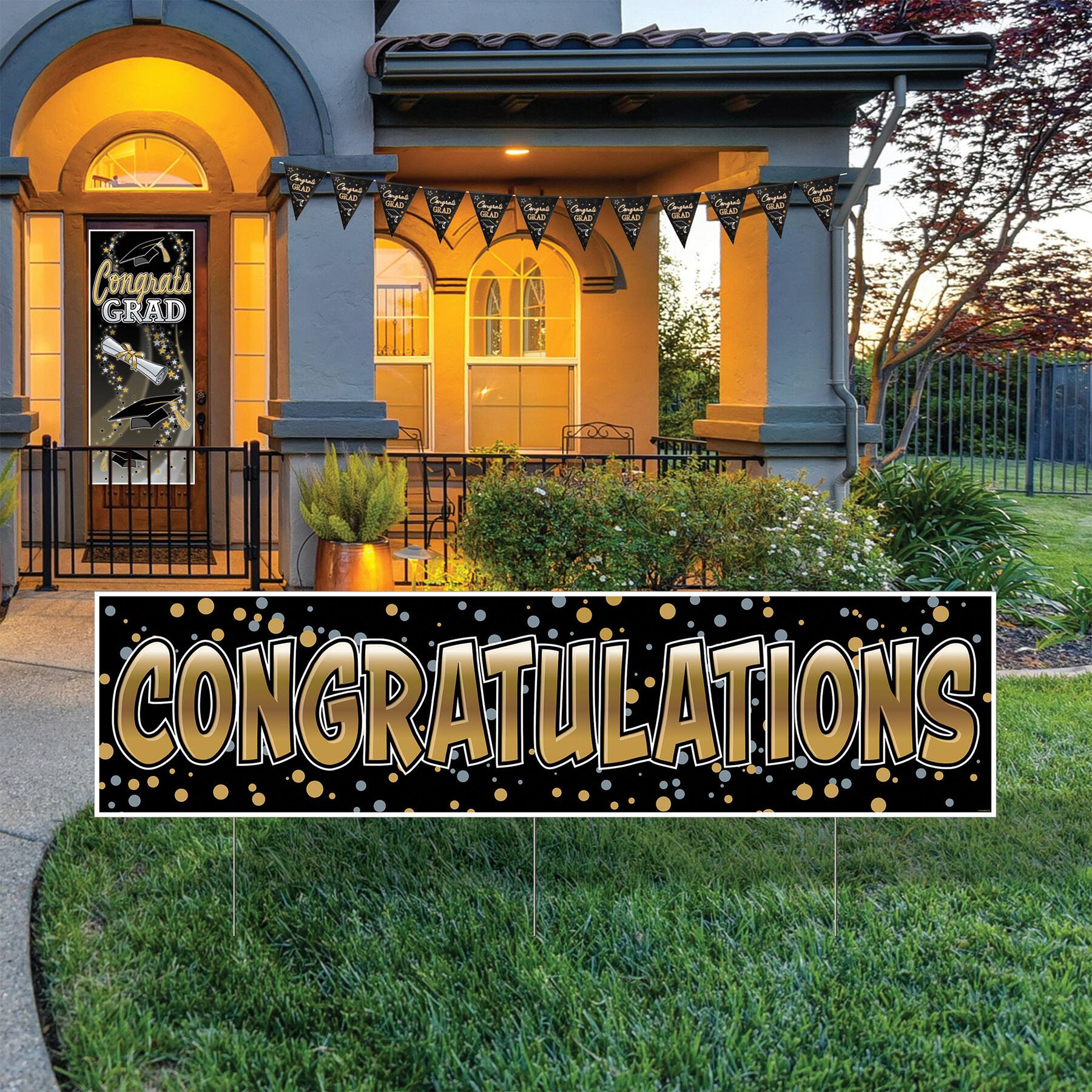 Beistle 11" x 12ft. Black & Gold Metallic Congrats Grad Pennant Banners, 2ct.