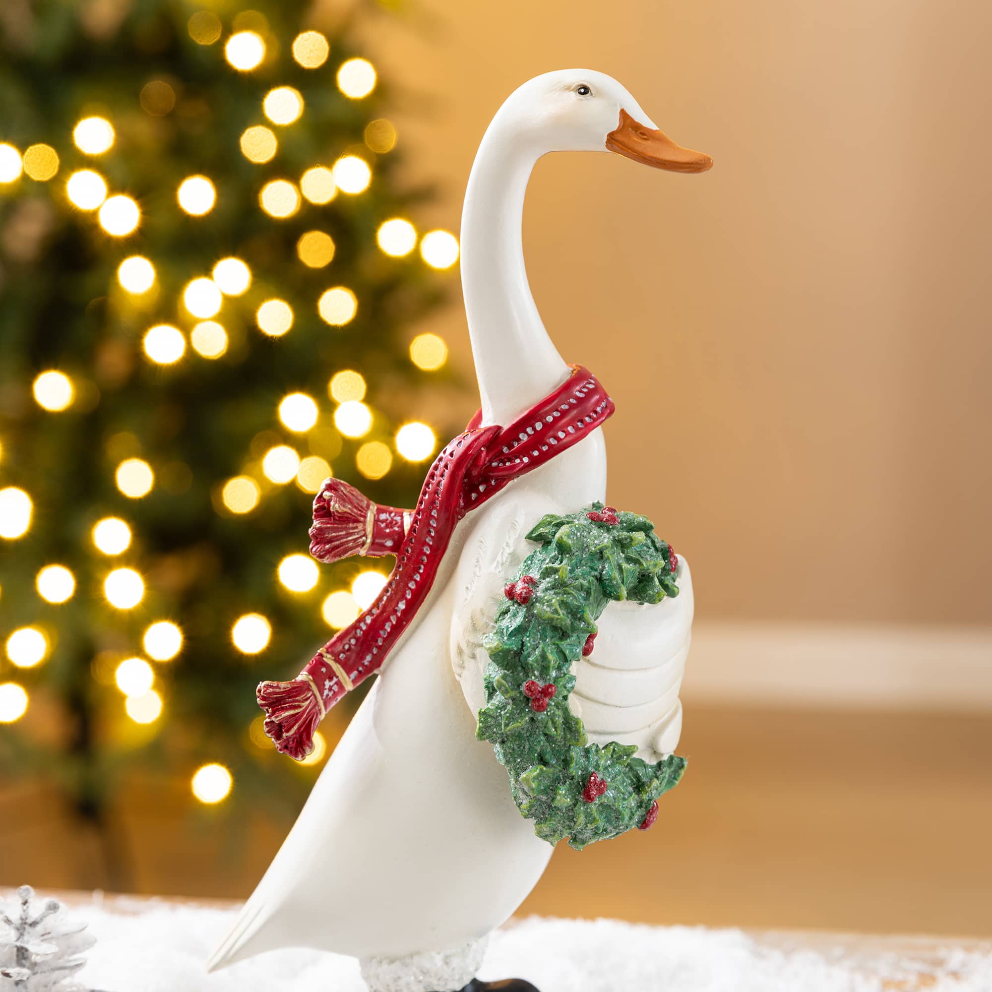 Glitzhome® Set of 2 Christmas Resin Goose with Wreath and Tree Table Decor