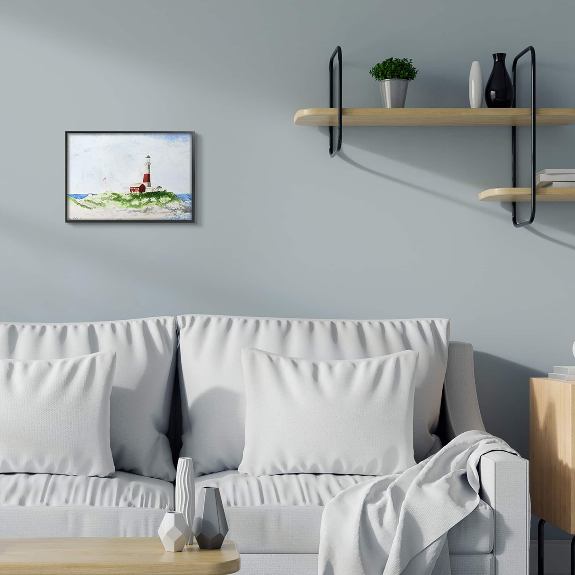 Stupell Industries Red Striped Lighthouse on Coastal Cliff in Frame Wall Art