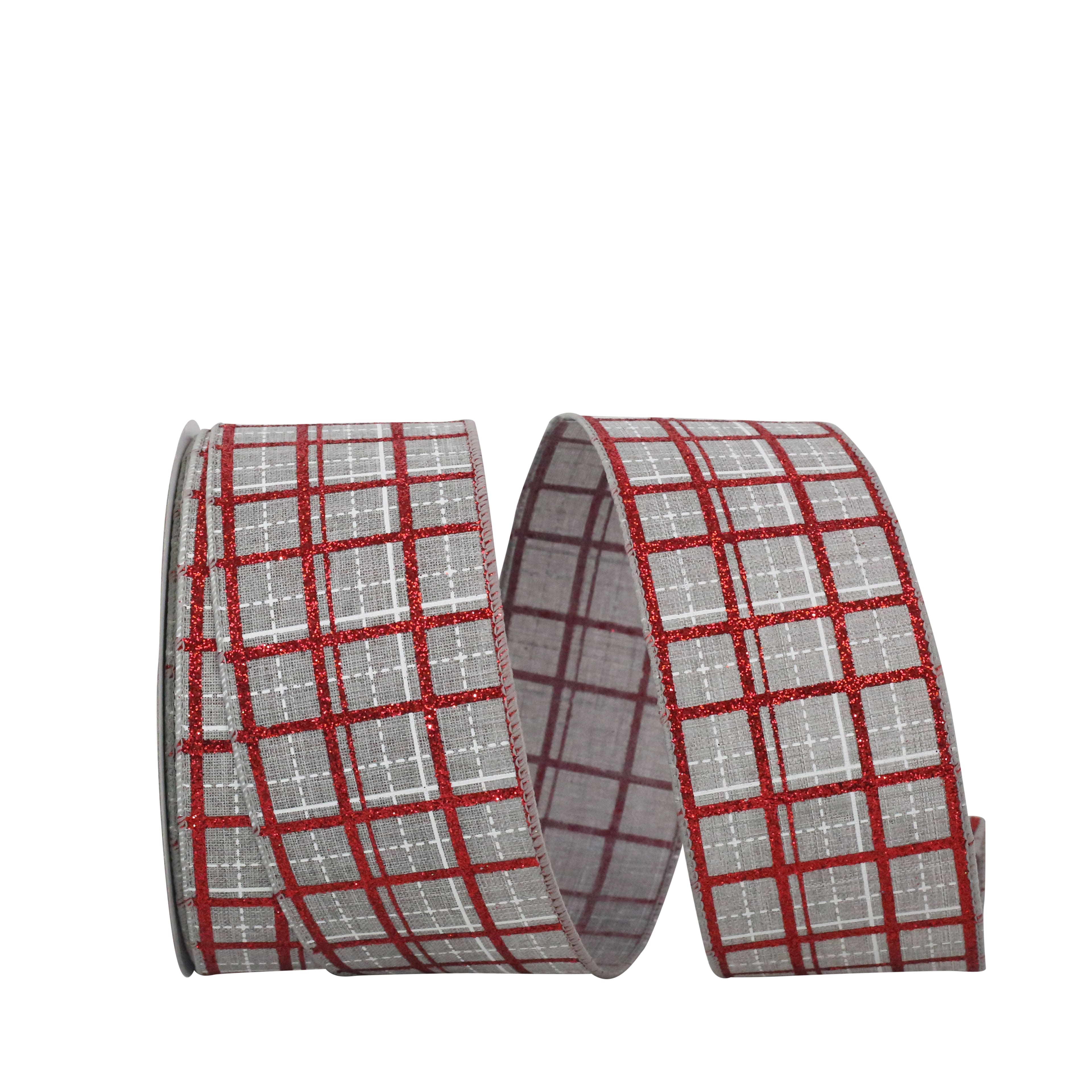 JAM Paper 2.5" x 20yd. Gray Wired Plaid Glitter Printed Stitch Ribbon